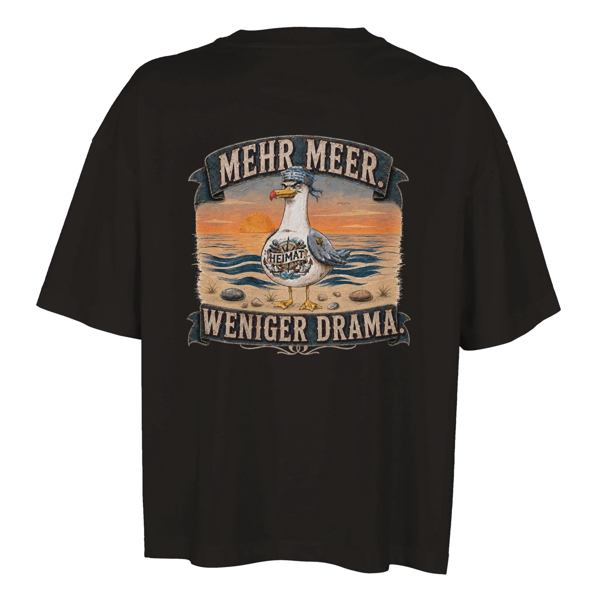 Damen-T-Shirt in Weiß mit Motiv „Mehr Meer. Weniger Drama.“