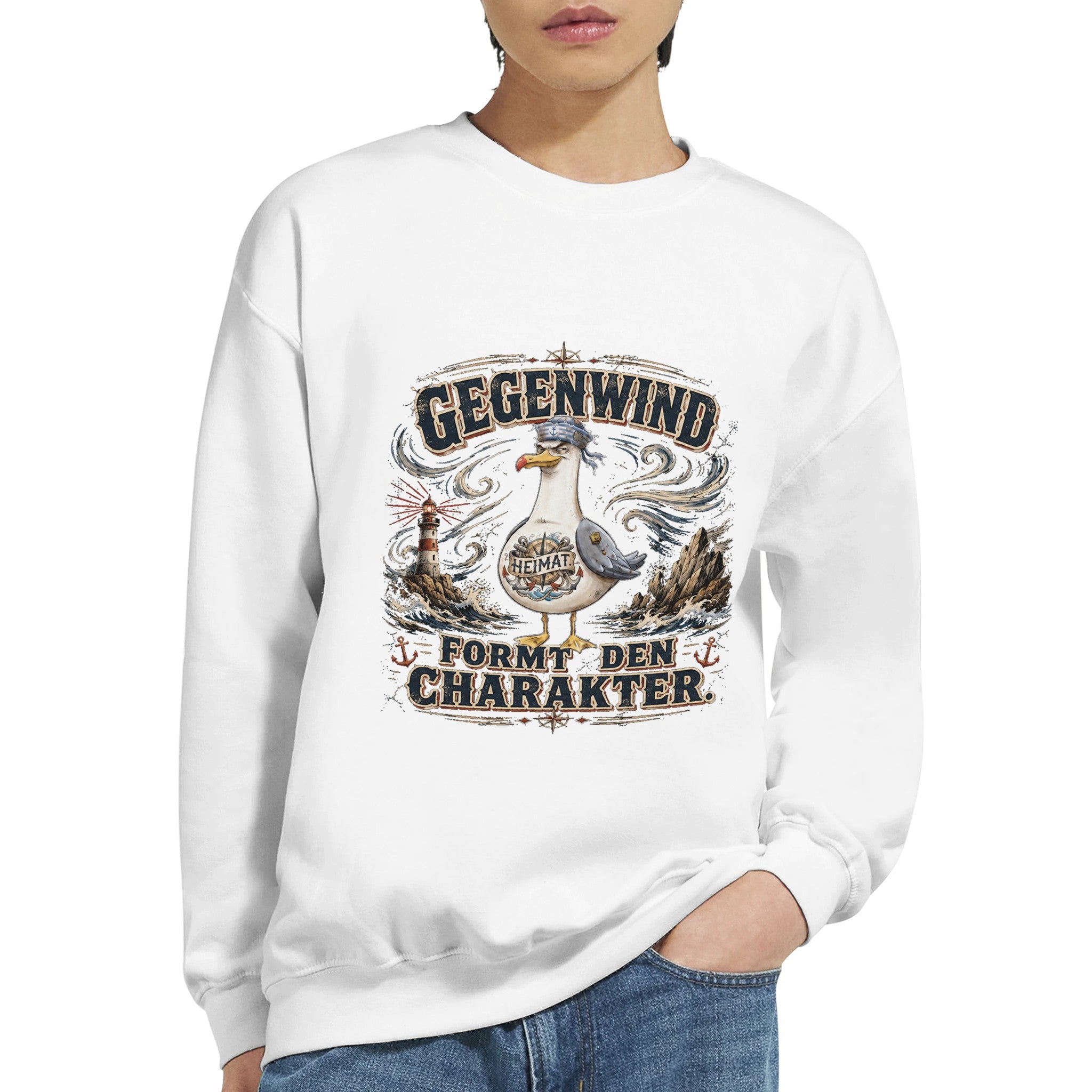 Pullover in Hellrosa mit Motiv „Gegenwind formt den Charakter“