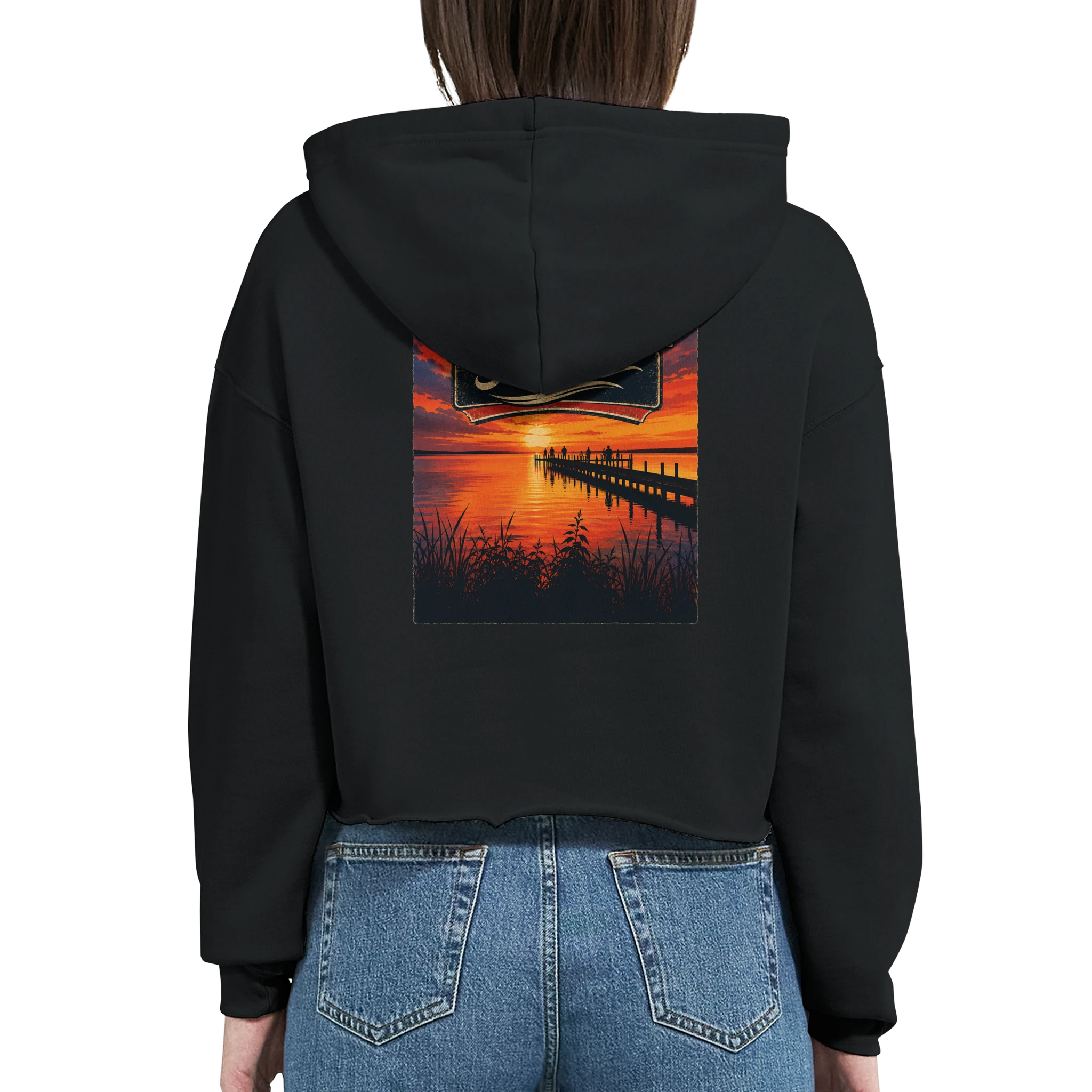 Damen-Hoodie in Pfirsich mit Motiv „Sunset Ratskeller Steg am Steinhuder Meer“