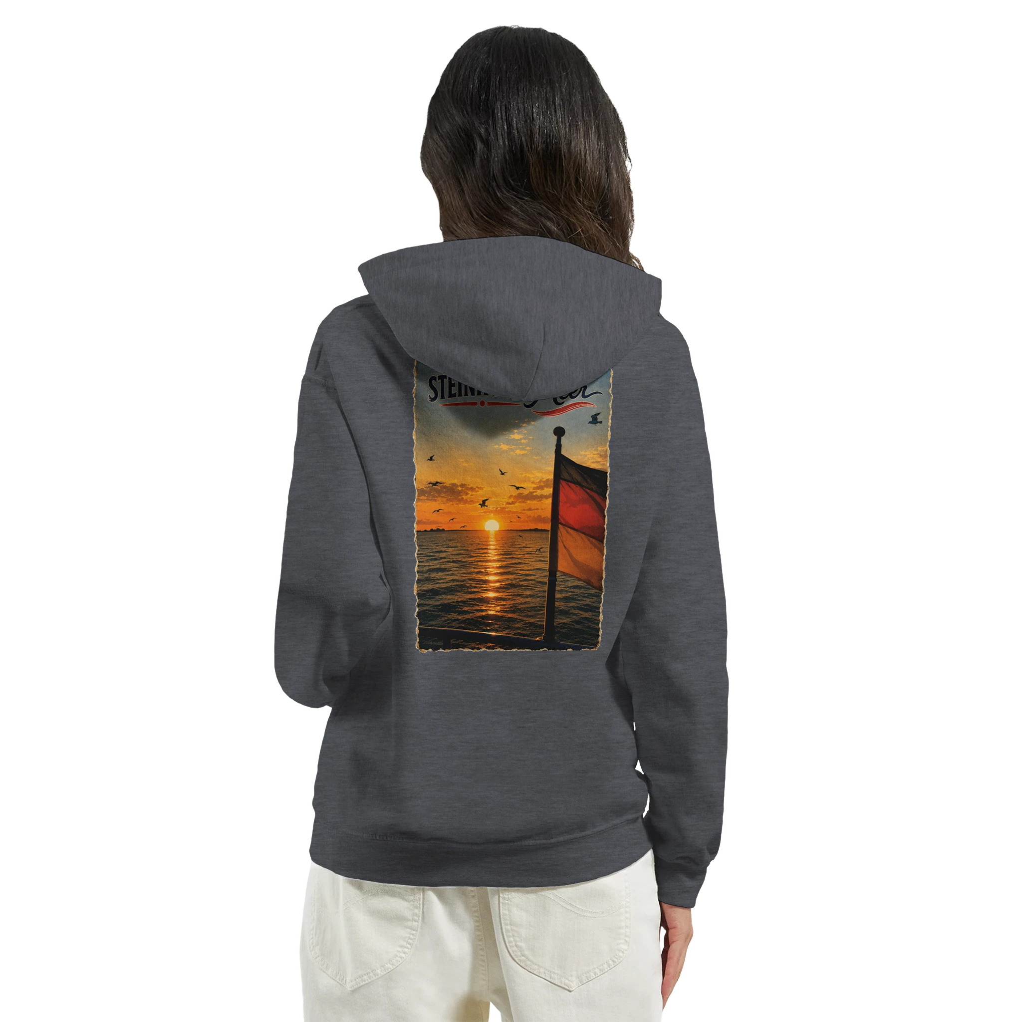 Hoodie in Aschgrau mit Motiv „Flagge und Sunset“