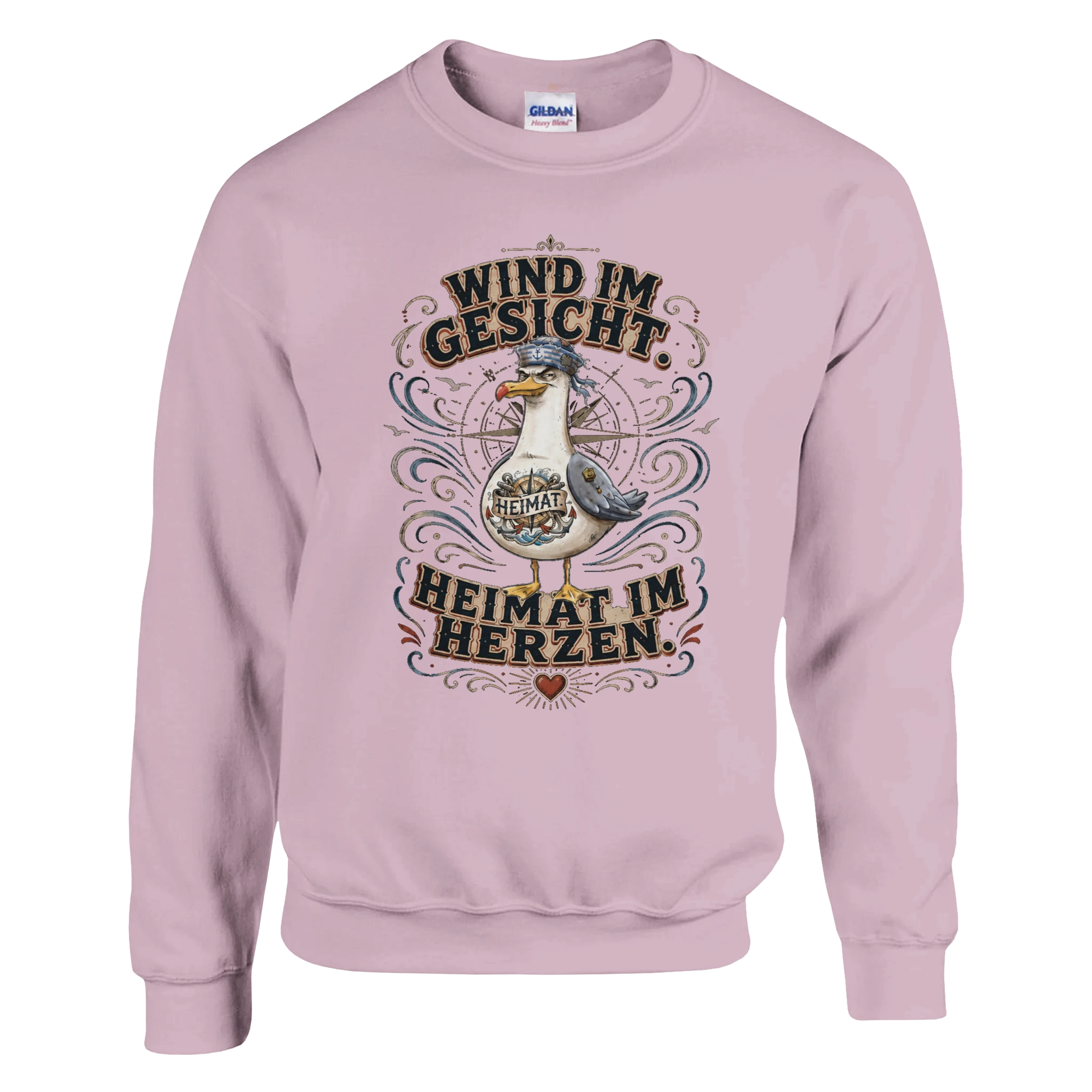 Pullover in Weiß mit Motiv „Wind im Gesicht. Heimat im Herzen. Möwe“