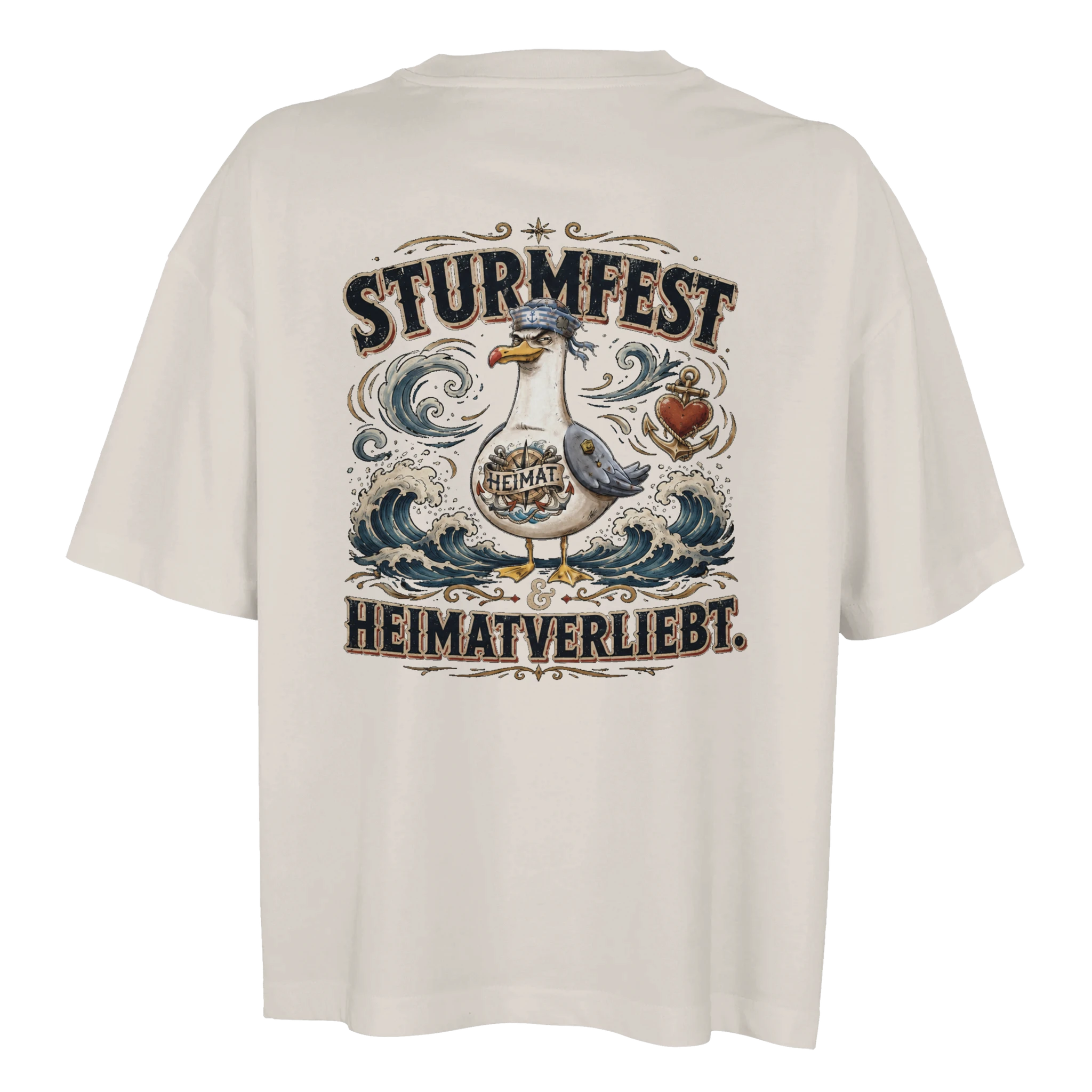 Damen-T-Shirt in Weiß mit Motiv „Sturmfest & Heimatverliebt Möwe“