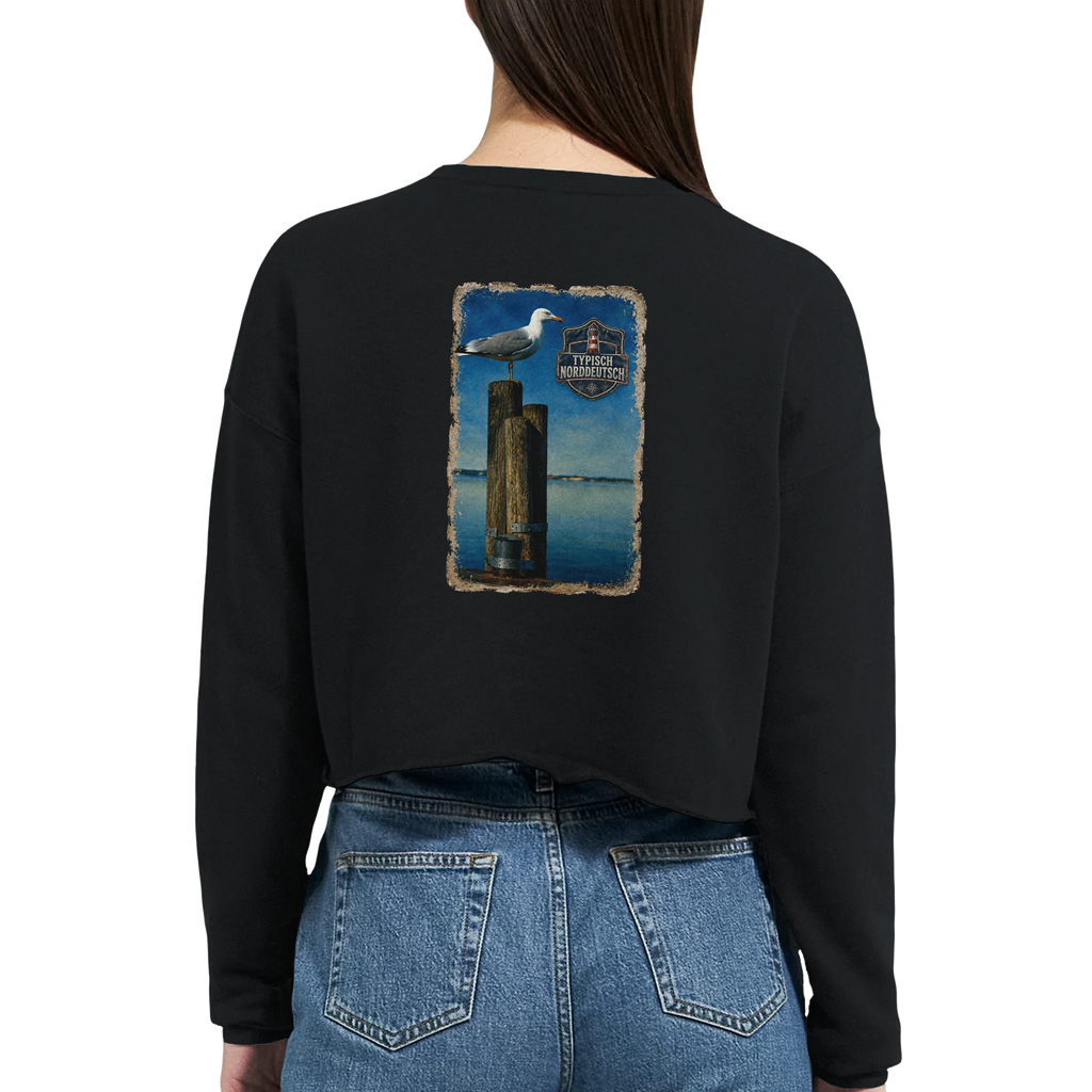 Damen-Pullover in Staubblau mit Motiv „Möwe auf Poller“