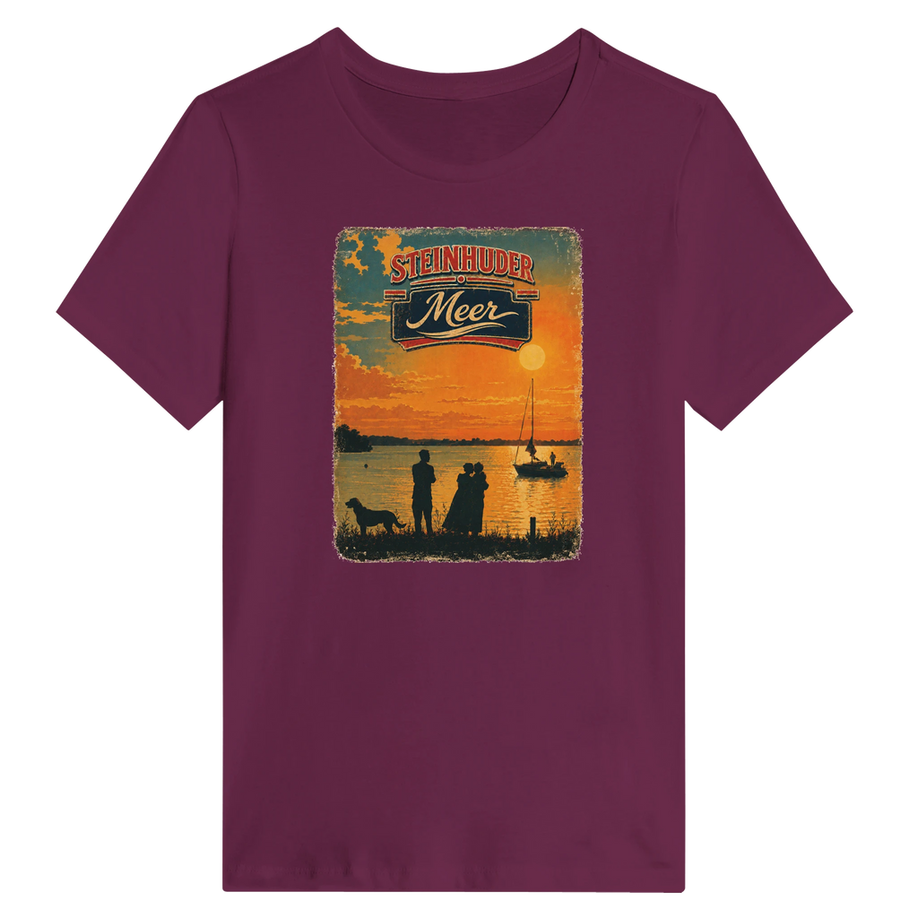 Damen-T-Shirt in Weiß mit Motiv „Familie am Steinhuder Meer beim Sunset“