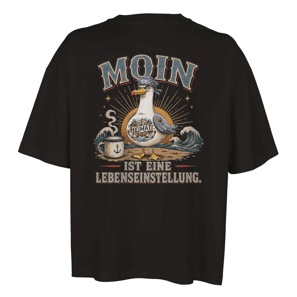 Damen-T-Shirt in Weiß mit Motiv „Moin ist eine Lebenseinstellung Möwe“