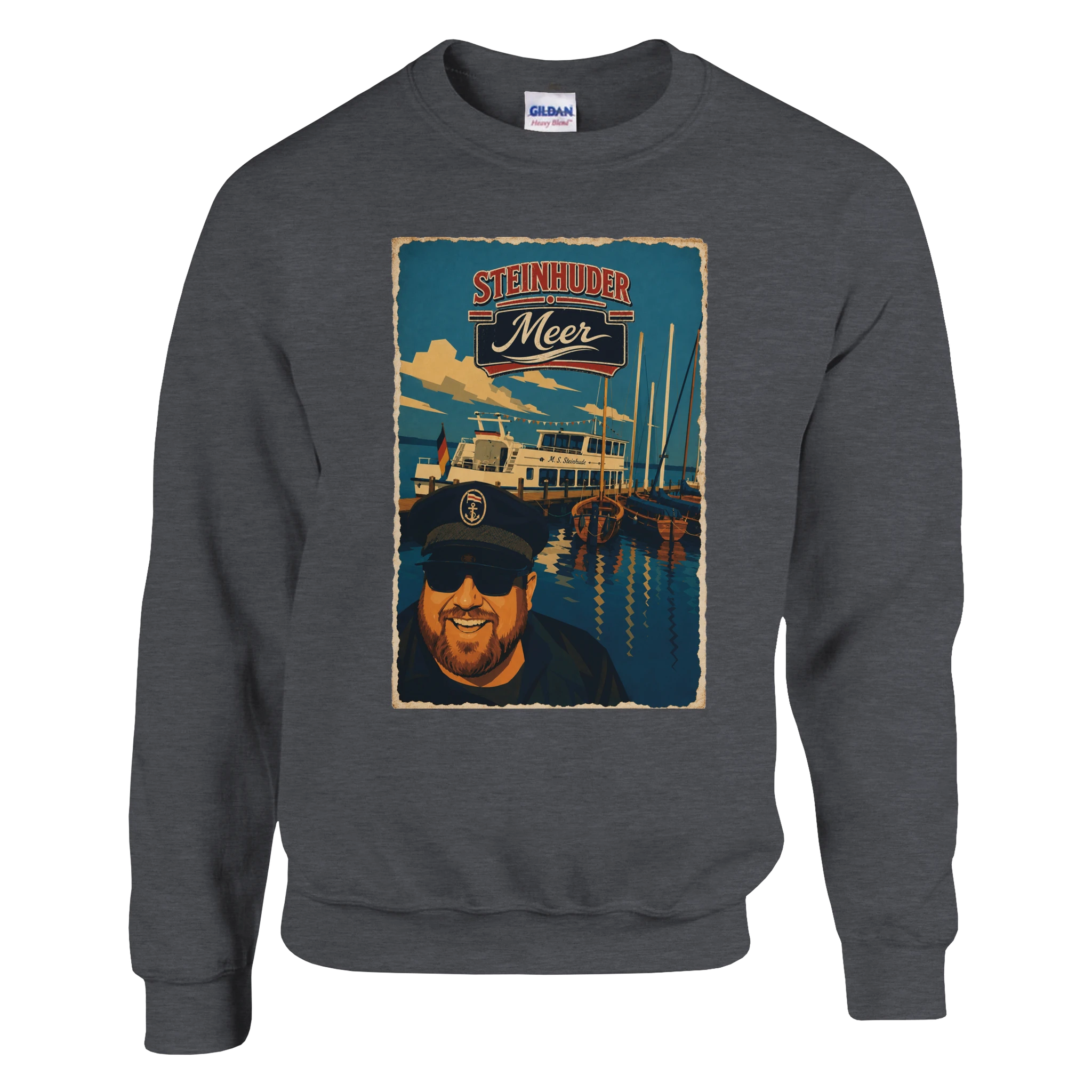 Pullover in Aschgrau mit Motiv „Kapitän an Bord“