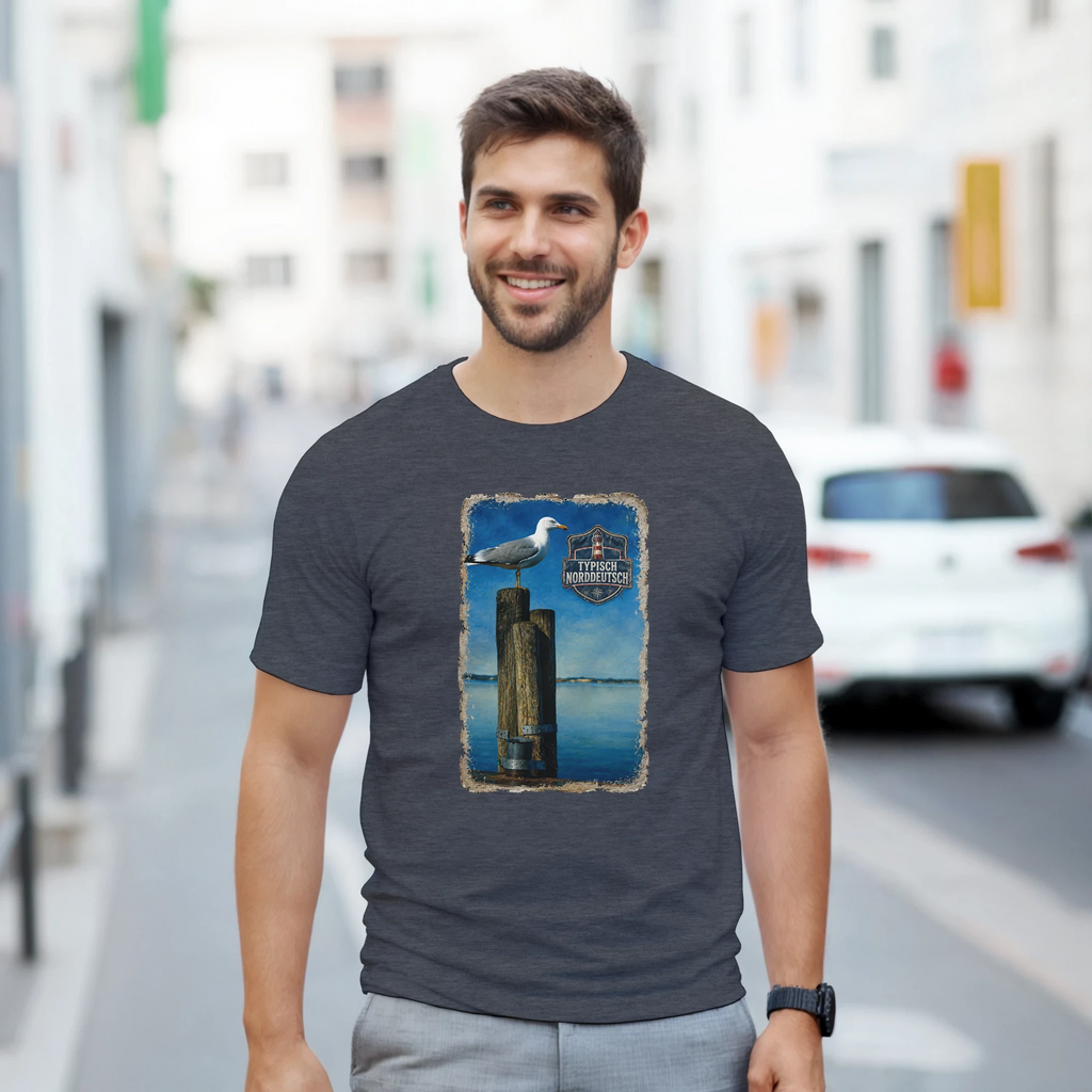 T-Shirt in Natur mit Motiv „Möwe auf Poller“