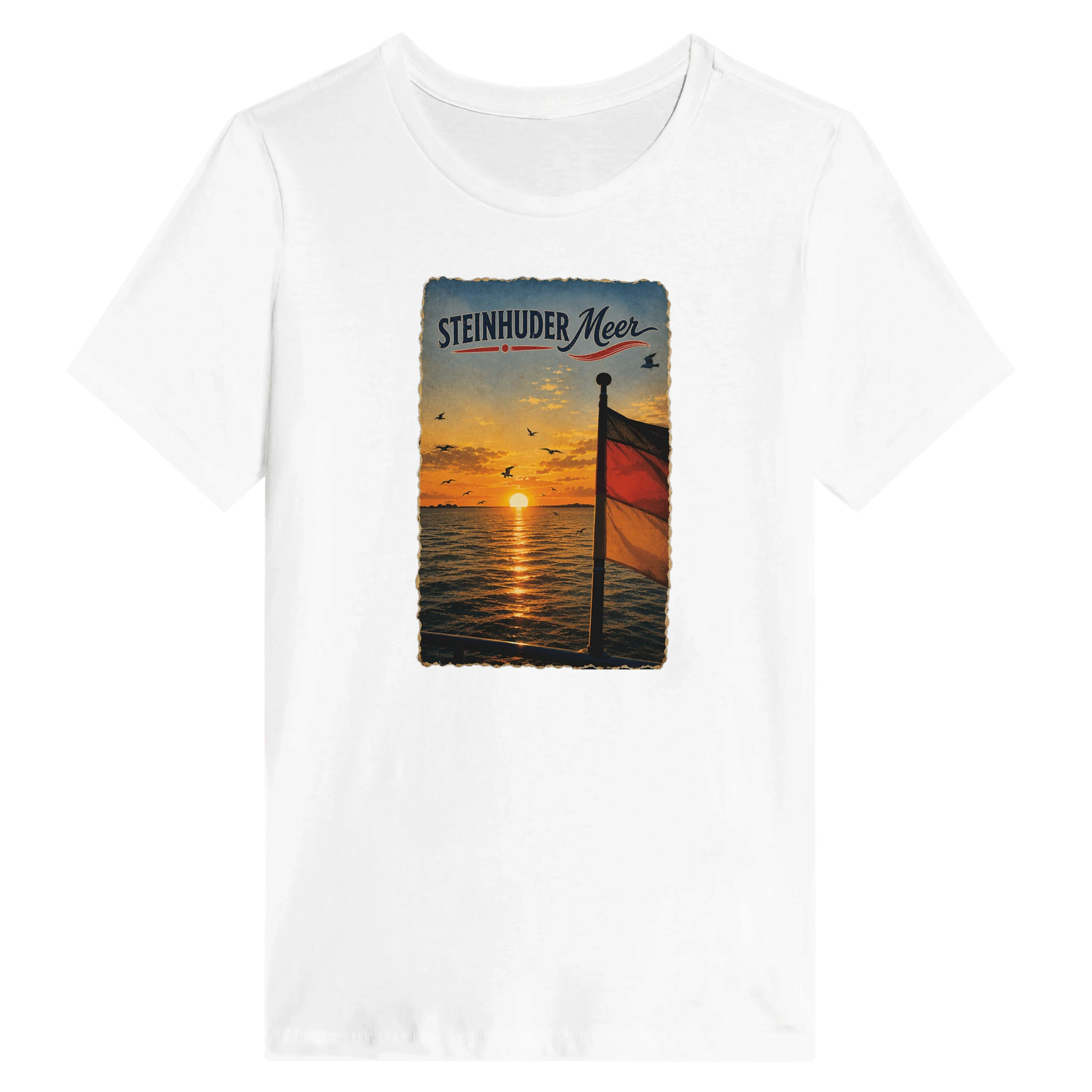 Damen-T-Shirt in Weiß mit Motiv „Flagge und Sunset“