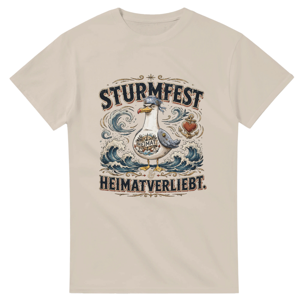 T-Shirt in Weiß mit Motiv „Sturmfest & Heimatverliebt Möwe“