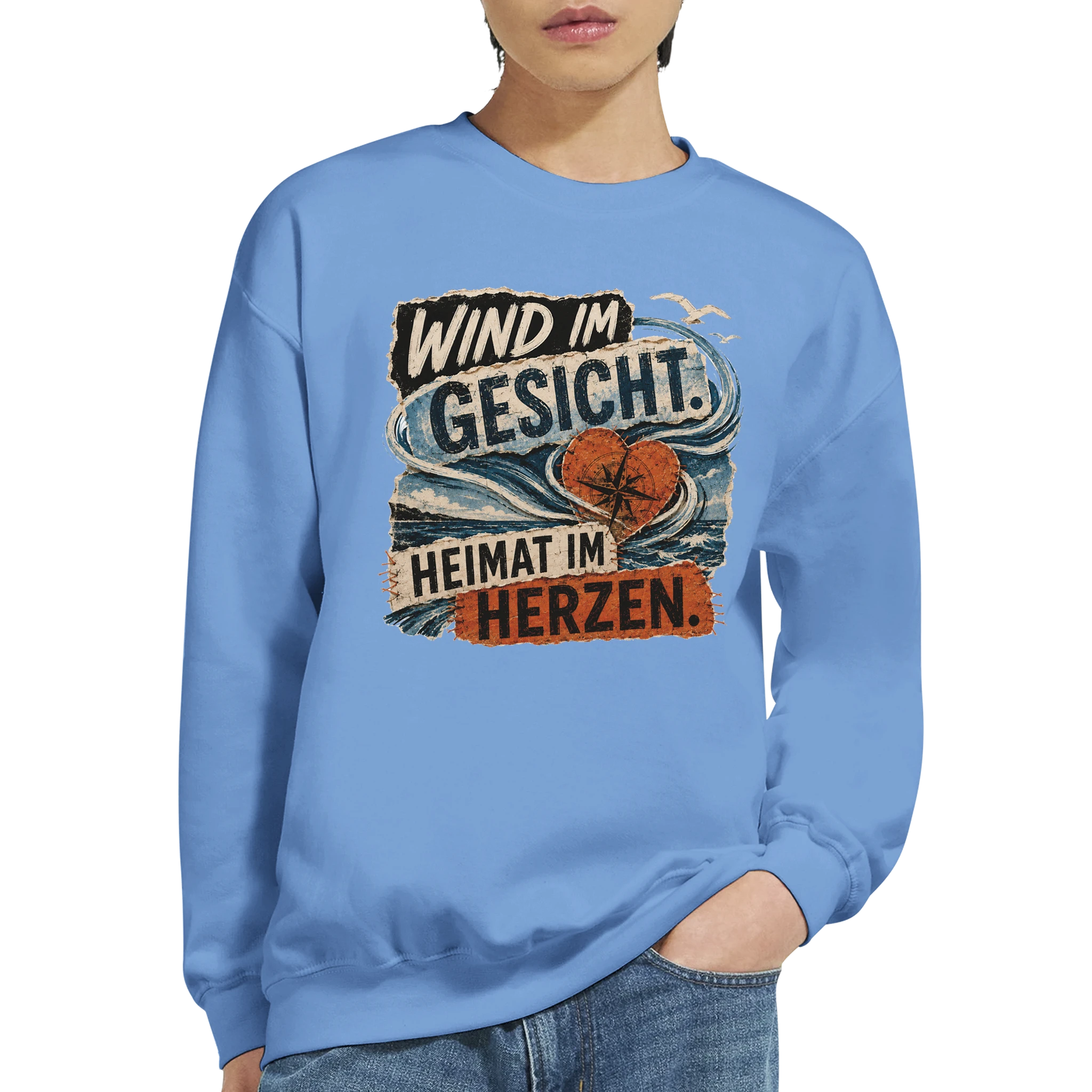Pullover in Sand mit Motiv „Wind im Gesicht. Heimat im Herzen.“