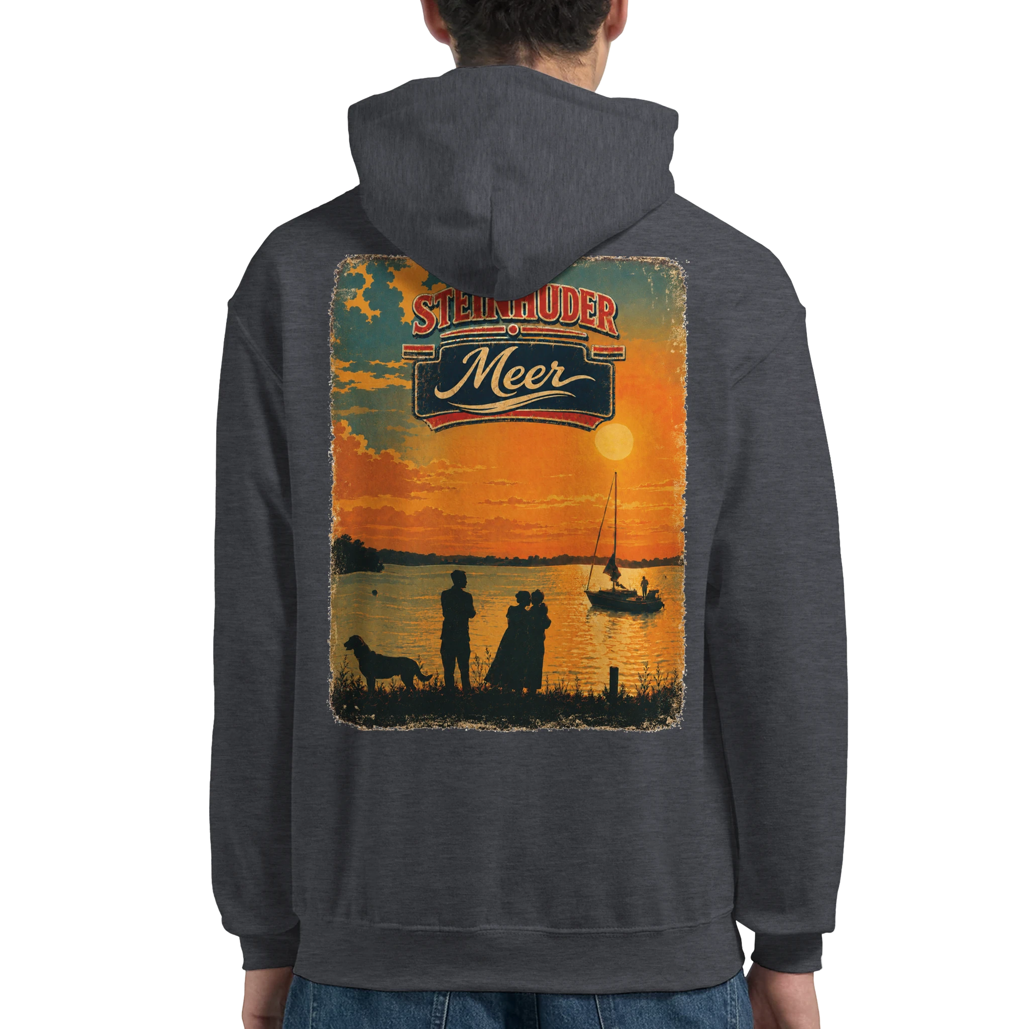 Hoodie in Aschgrau mit Motiv „Familie beim Sunset“