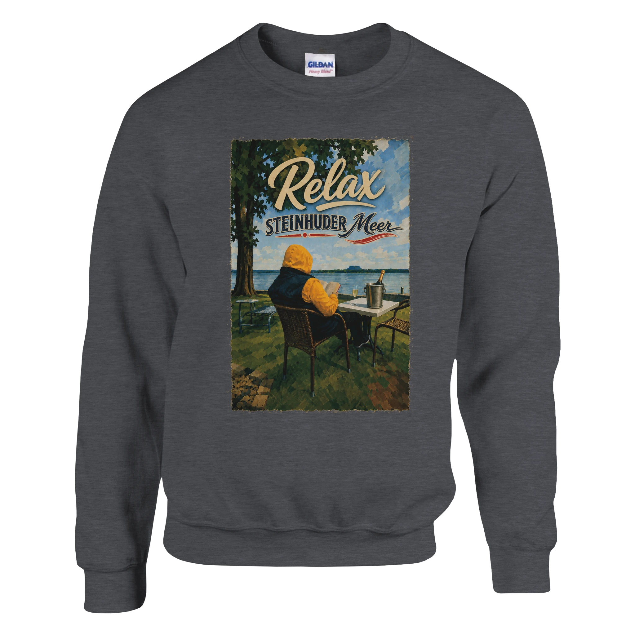 Pullover in Aschgrau mit Motiv „Relax und Champagner“