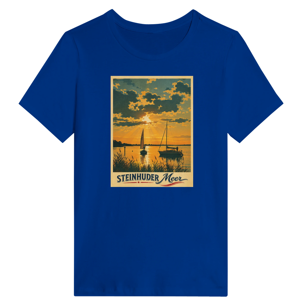 Damen-T-Shirt in Weiß mit Motiv „Segler am Steinhuder Meer beim Sunset“