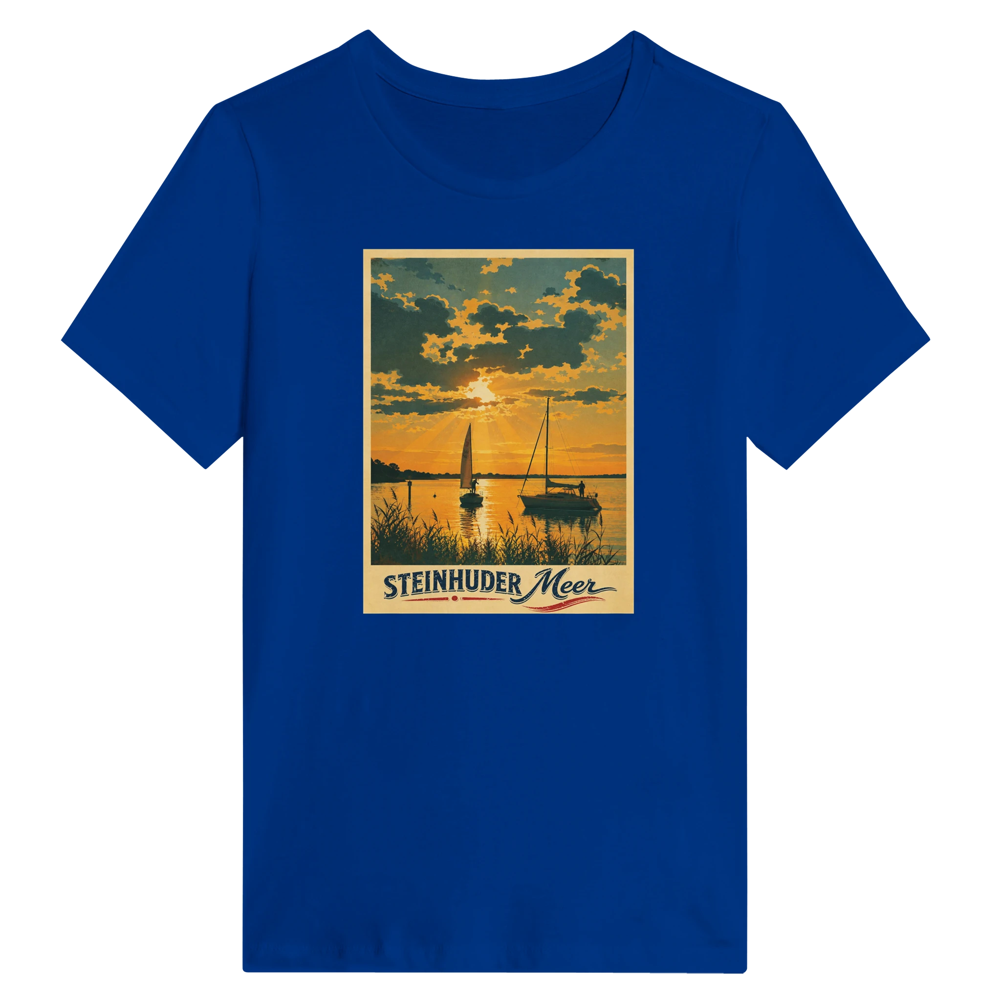 Damen-T-Shirt in Weiß mit Motiv „Segler am Steinhuder Meer beim Sunset“