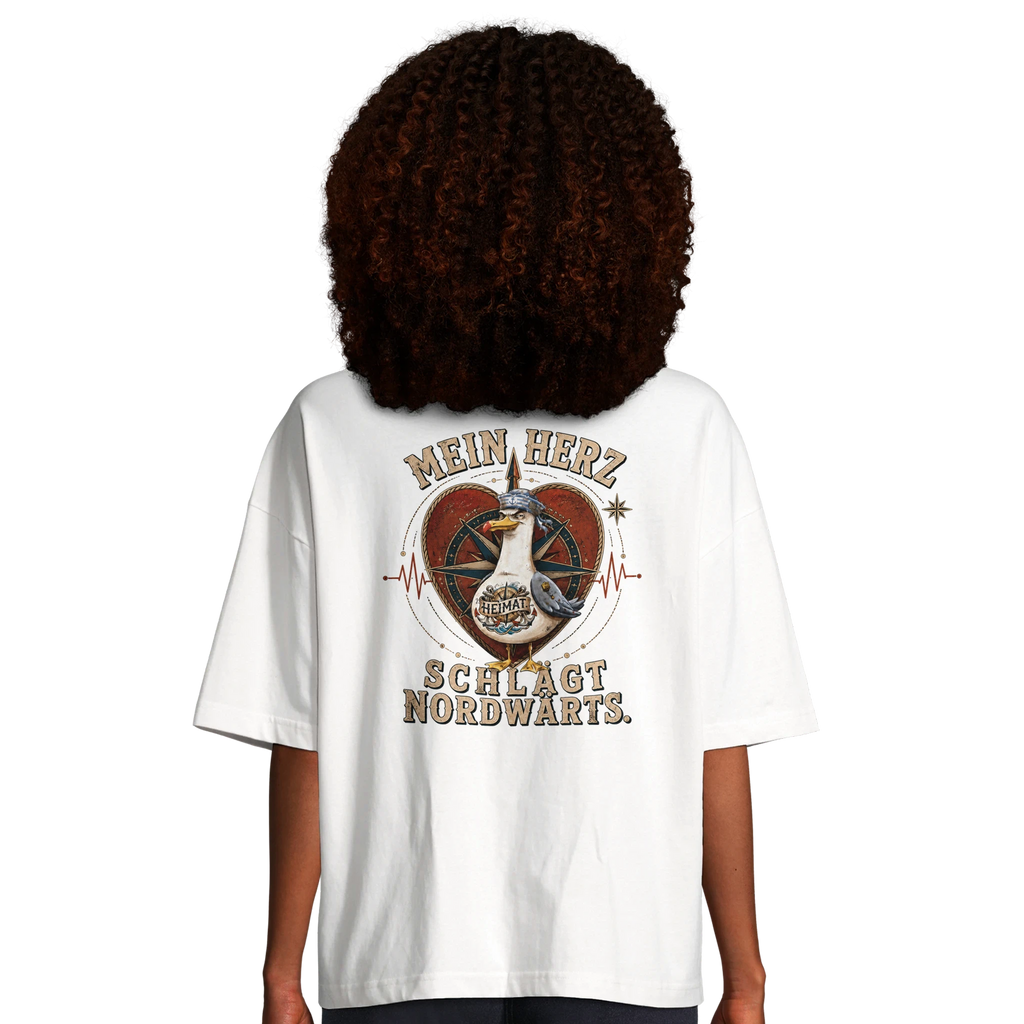 Damen-T-Shirt in Hellgelb mit Motiv „Mein Herz schlägt NORDWÄRTS. Möwe“