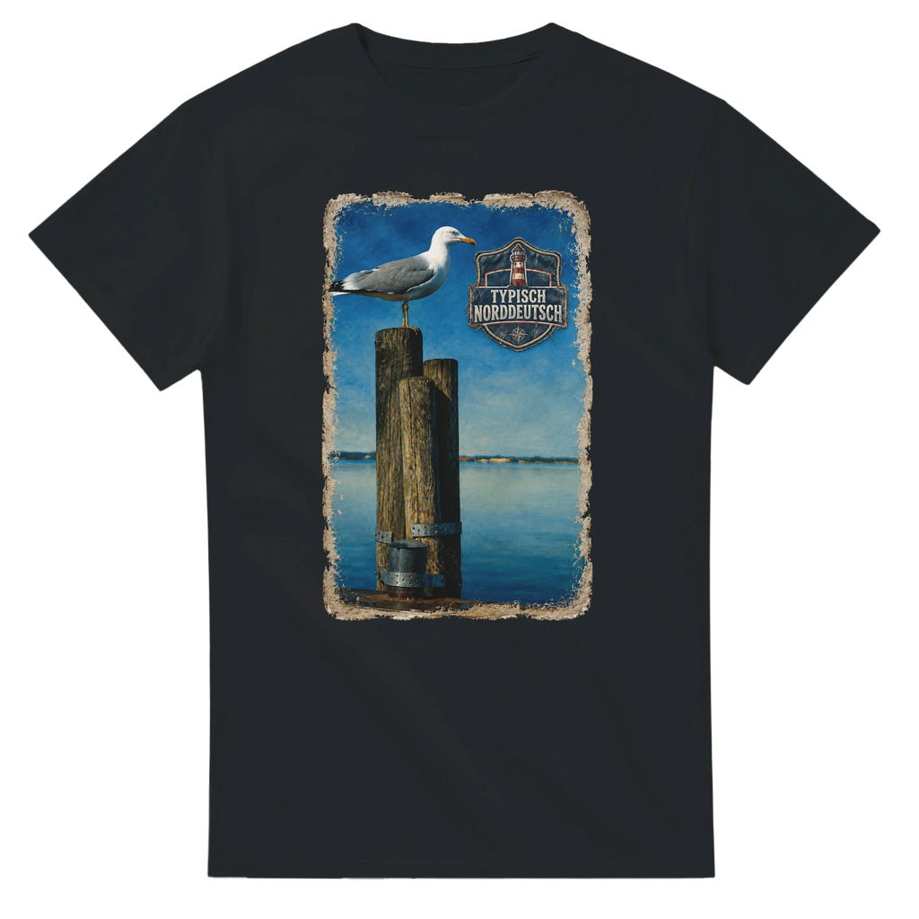 T-Shirt in Natur mit Motiv „Möwe auf Poller“
