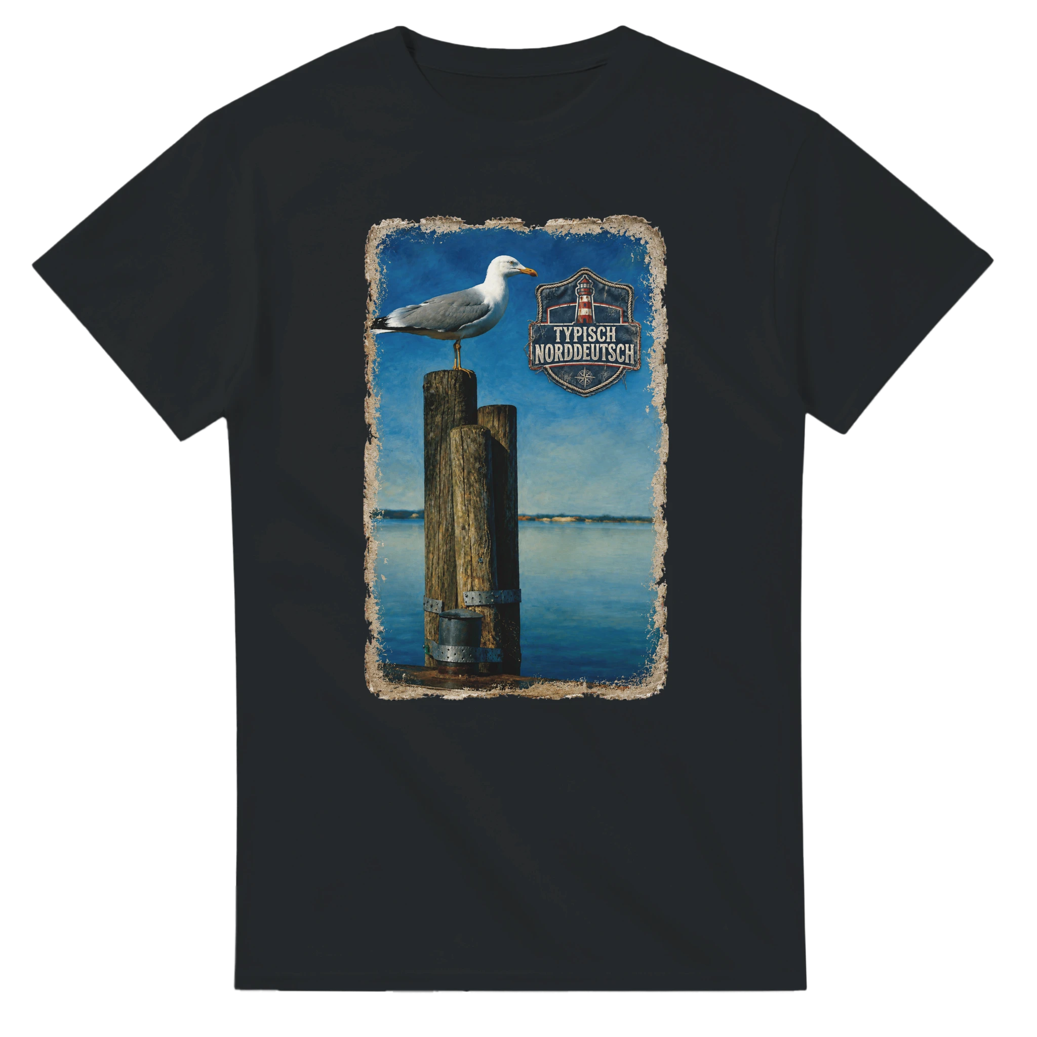 T-Shirt in Natur mit Motiv „Möwe auf Poller“