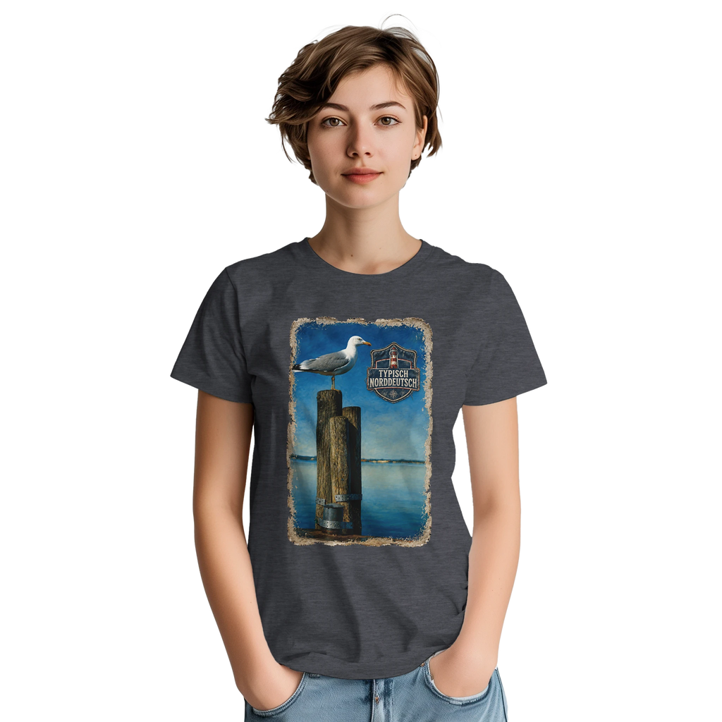 T-Shirt in Sand mit Motiv „Möwe auf Poller“