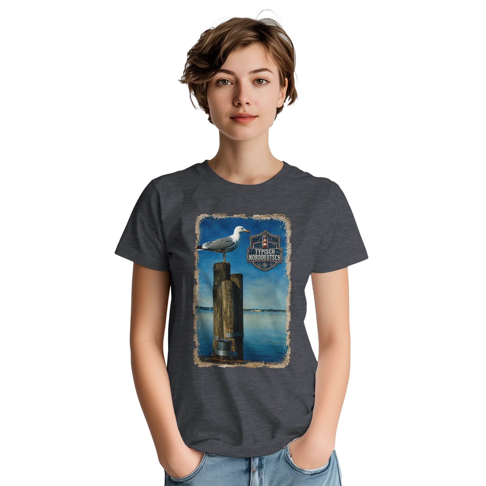 T-Shirt in Sand mit Motiv „Möwe auf Poller“