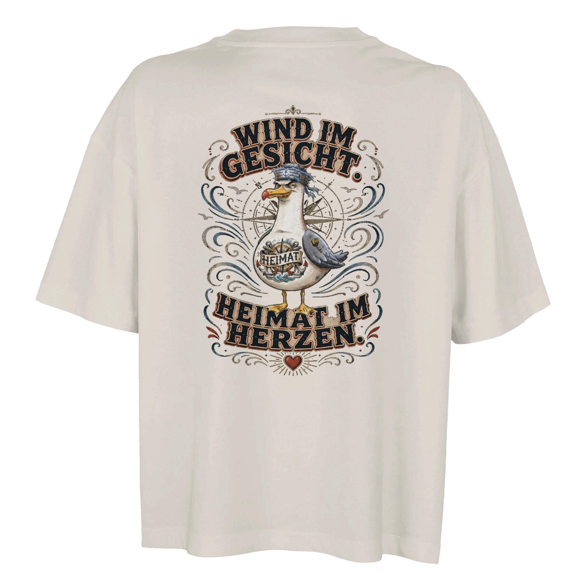 Damen-T-Shirt in Weiß mit Motiv „Wind im Gesicht. Heimat im Herzen. Möwe“