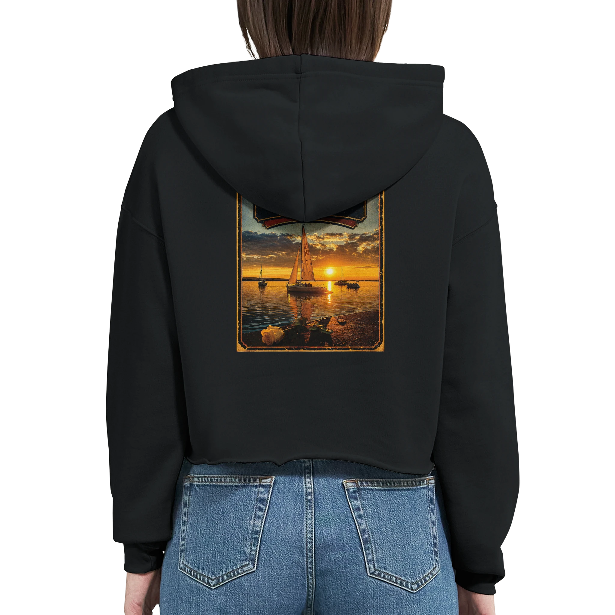 Damen-Hoodie in Weiß mit Motiv „White Night am Wilhelmstein mit Sonnenuntergang“