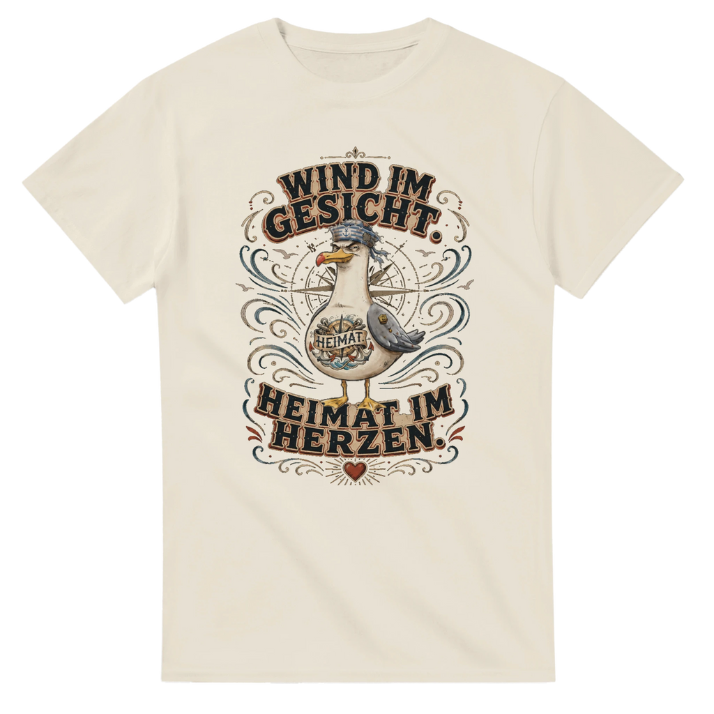 T-Shirt in Natur mit Motiv „Wind im Gesicht. Heimat im Herzen. Möwe“