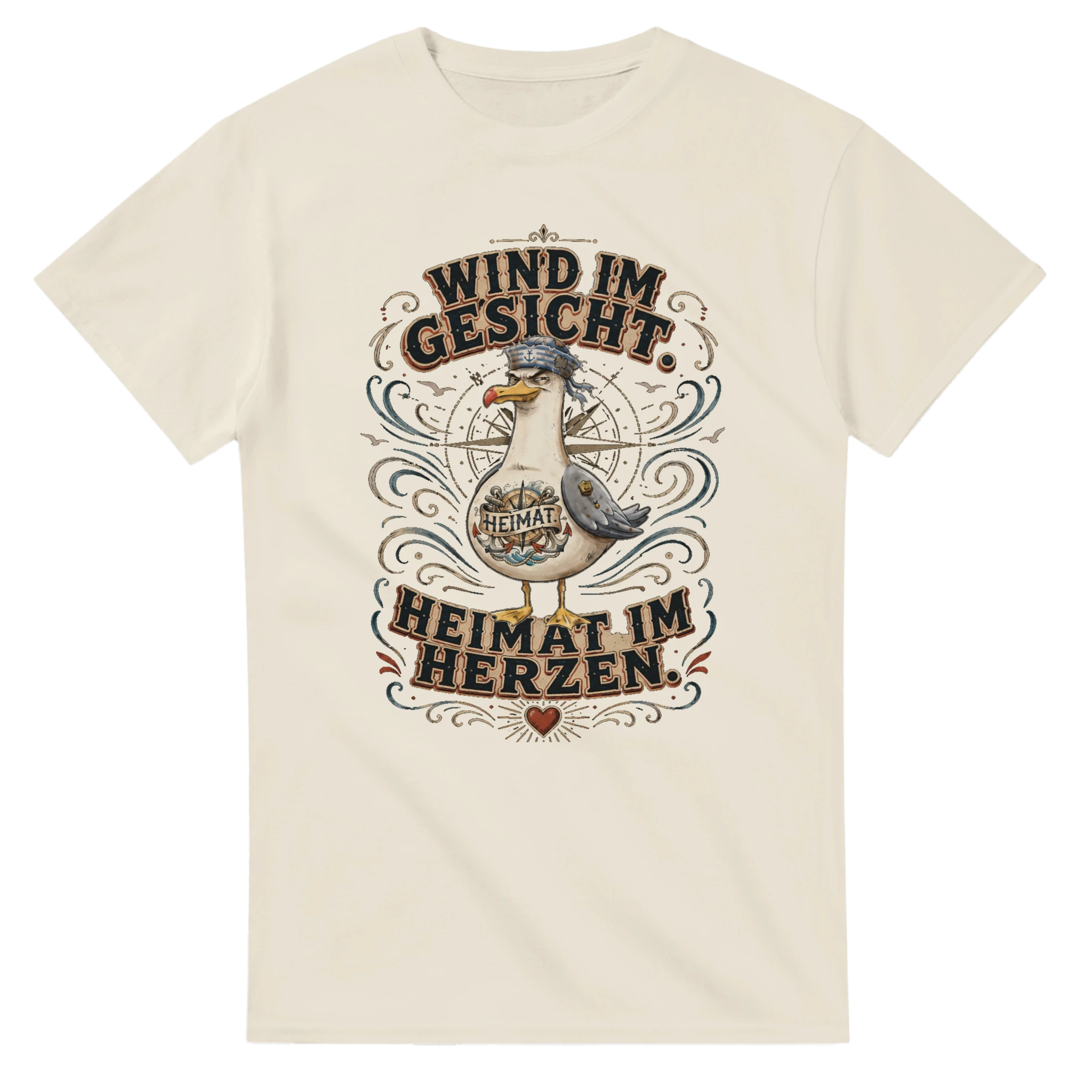 T-Shirt in Natur mit Motiv „Wind im Gesicht. Heimat im Herzen. Möwe“
