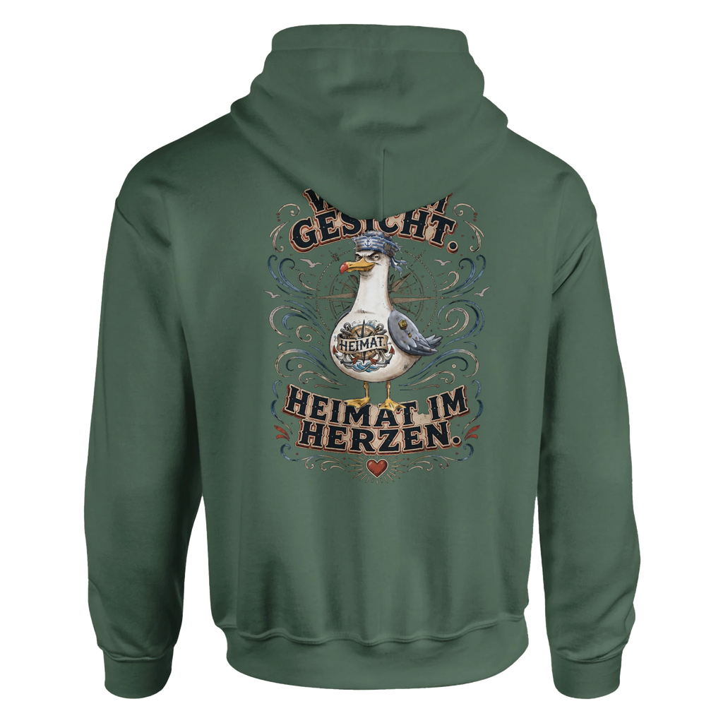 Hoodie in Weiß mit Motiv „Wind im Gesicht. Heimat im Herzen. Möwe“