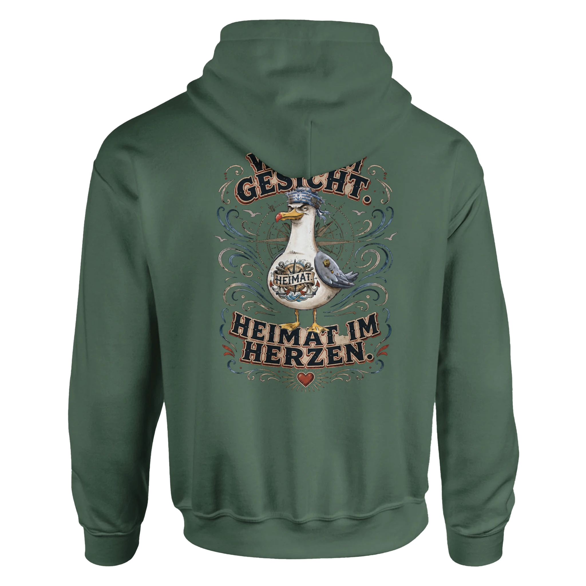 Hoodie in Weiß mit Motiv „Wind im Gesicht. Heimat im Herzen. Möwe“