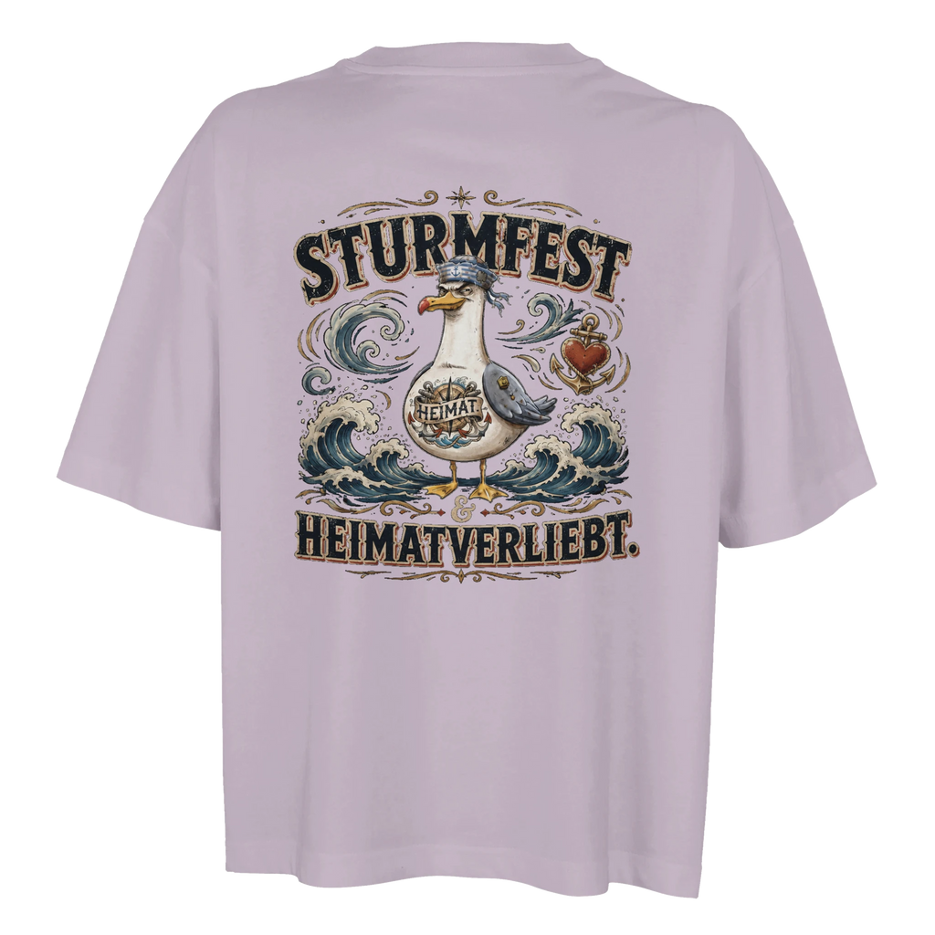 Damen-T-Shirt in Weiß mit Motiv „Sturmfest & Heimatverliebt Möwe“