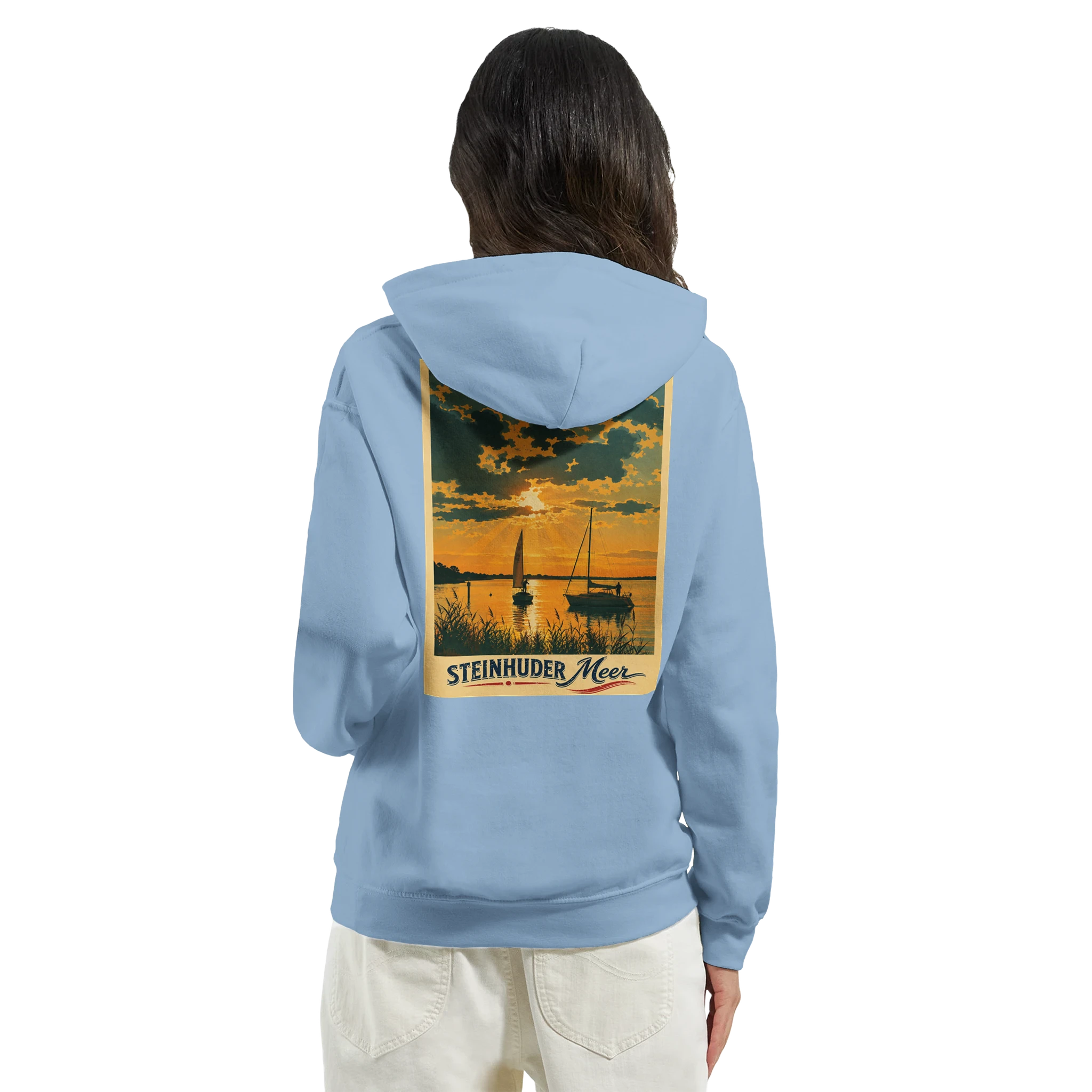 Hoodie in Aschgrau mit Motiv „Segler am Steinhuder Meer beim Sunset“