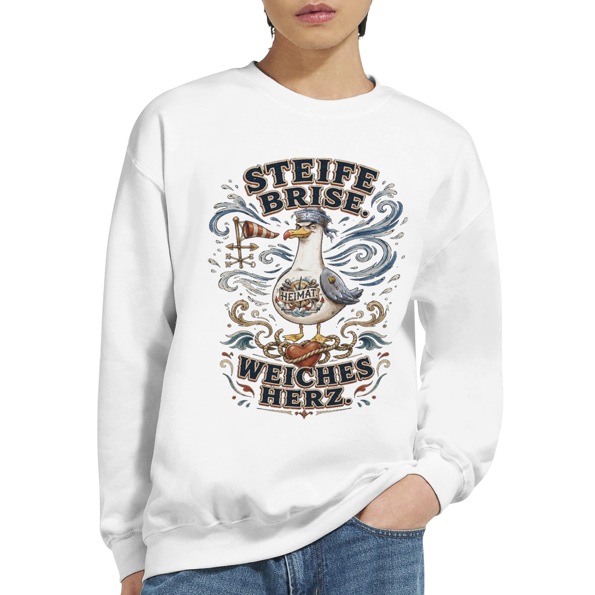Pullover in Hellrosa mit Motiv „Steife Brise. Weiches Herz.“