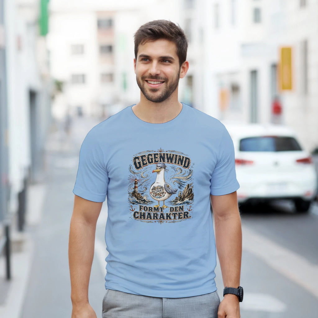 T-Shirt in Natur mit Motiv „Gegenwind formt den Charakter Typisch Norddeutsch“