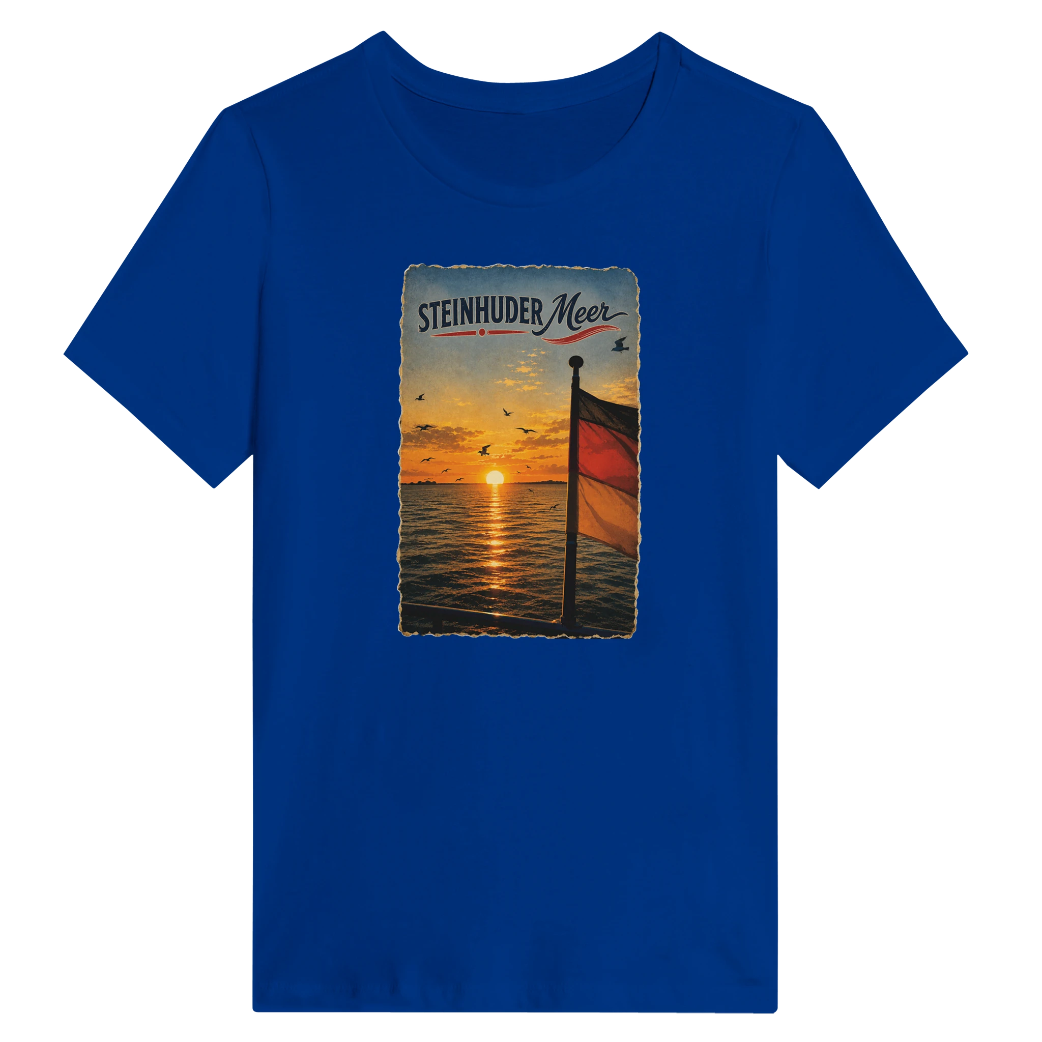 Damen-T-Shirt in Zitronengelb mit Motiv „Flagge und Sunset“