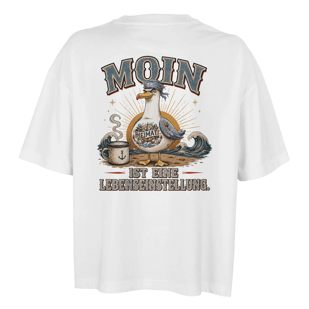 Damen-T-Shirt in Weiß mit Motiv „Moin ist eine Lebenseinstellung Möwe“