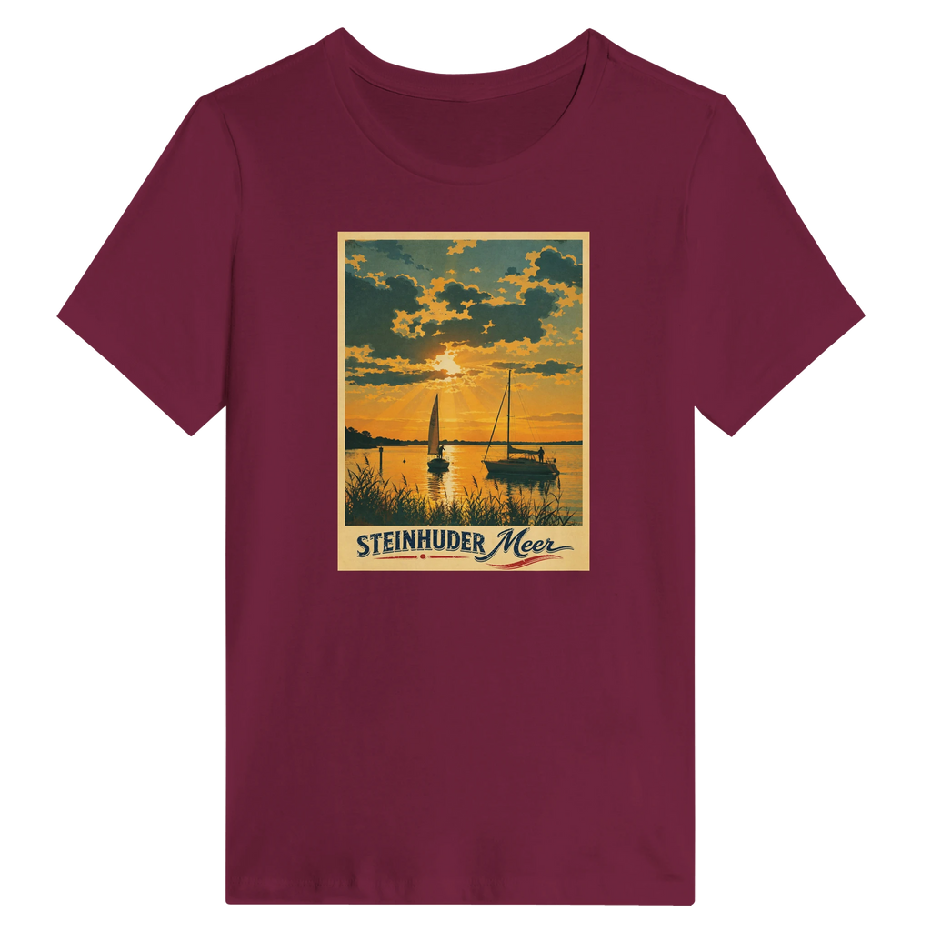 Damen-T-Shirt in Weiß mit Motiv „Segler am Steinhuder Meer beim Sunset“