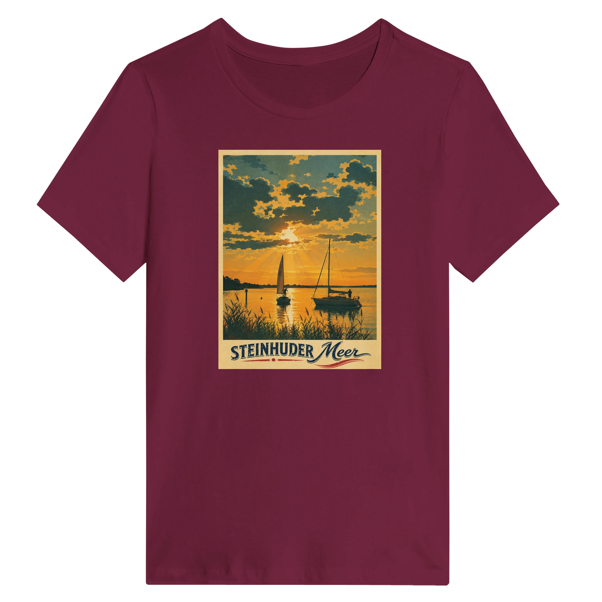Damen-T-Shirt in Weiß mit Motiv „Segler am Steinhuder Meer beim Sunset“