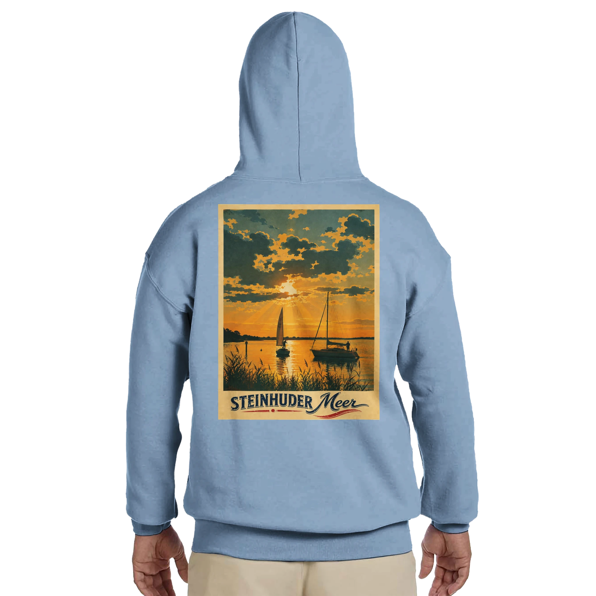 Hoodie in Sand mit Motiv „Segler am Steinhuder Meer beim Sunset“