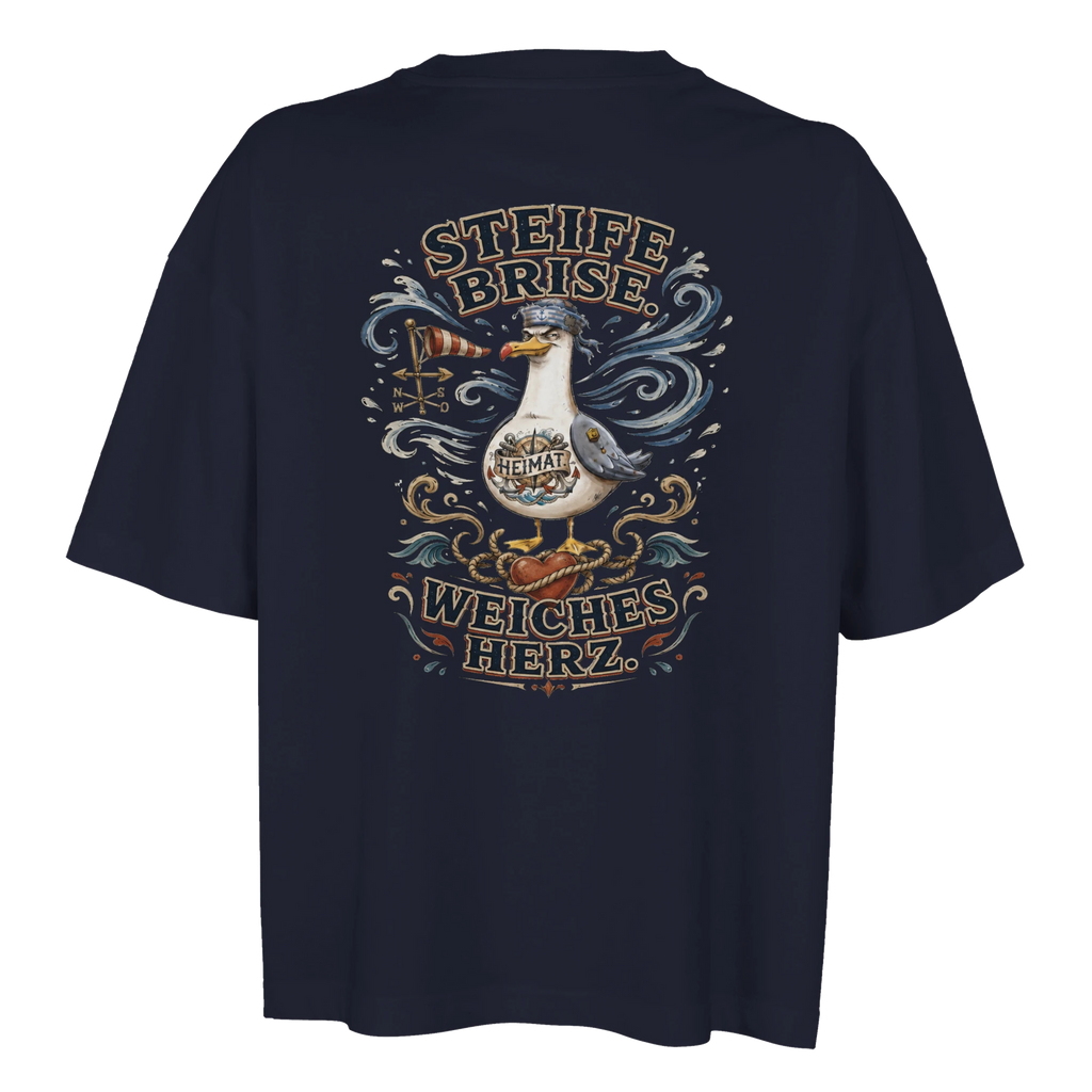 Damen-T-Shirt in Weiß mit Motiv „Steife Brise. Weiches Herz. Möwe“
