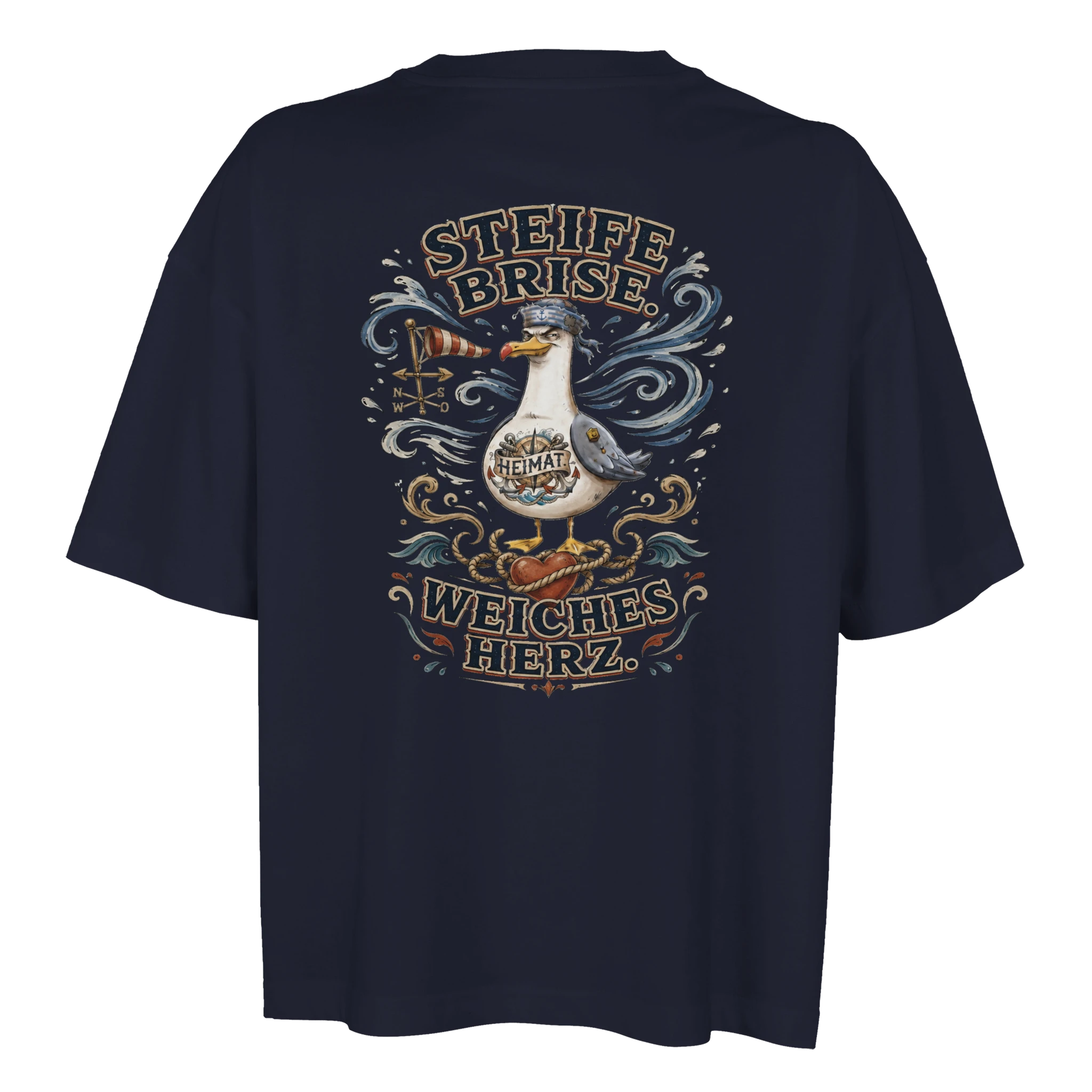 Damen-T-Shirt in Weiß mit Motiv „Steife Brise. Weiches Herz. Möwe“