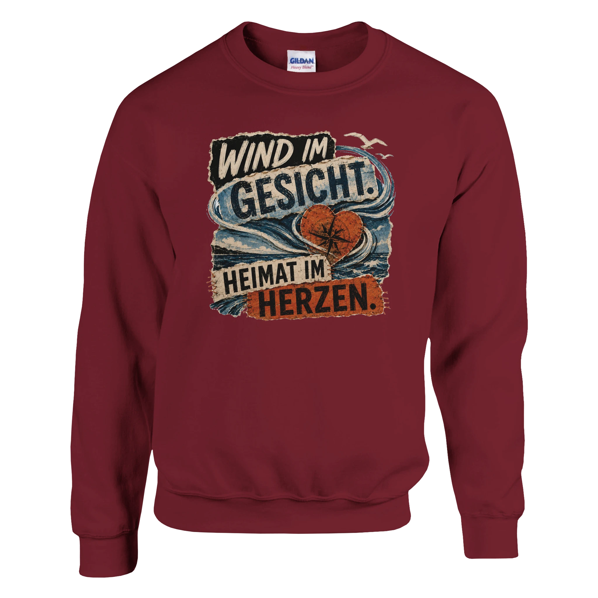 Pullover in Weiß mit Motiv „Wind im Gesicht. Heimat im Herzen.“