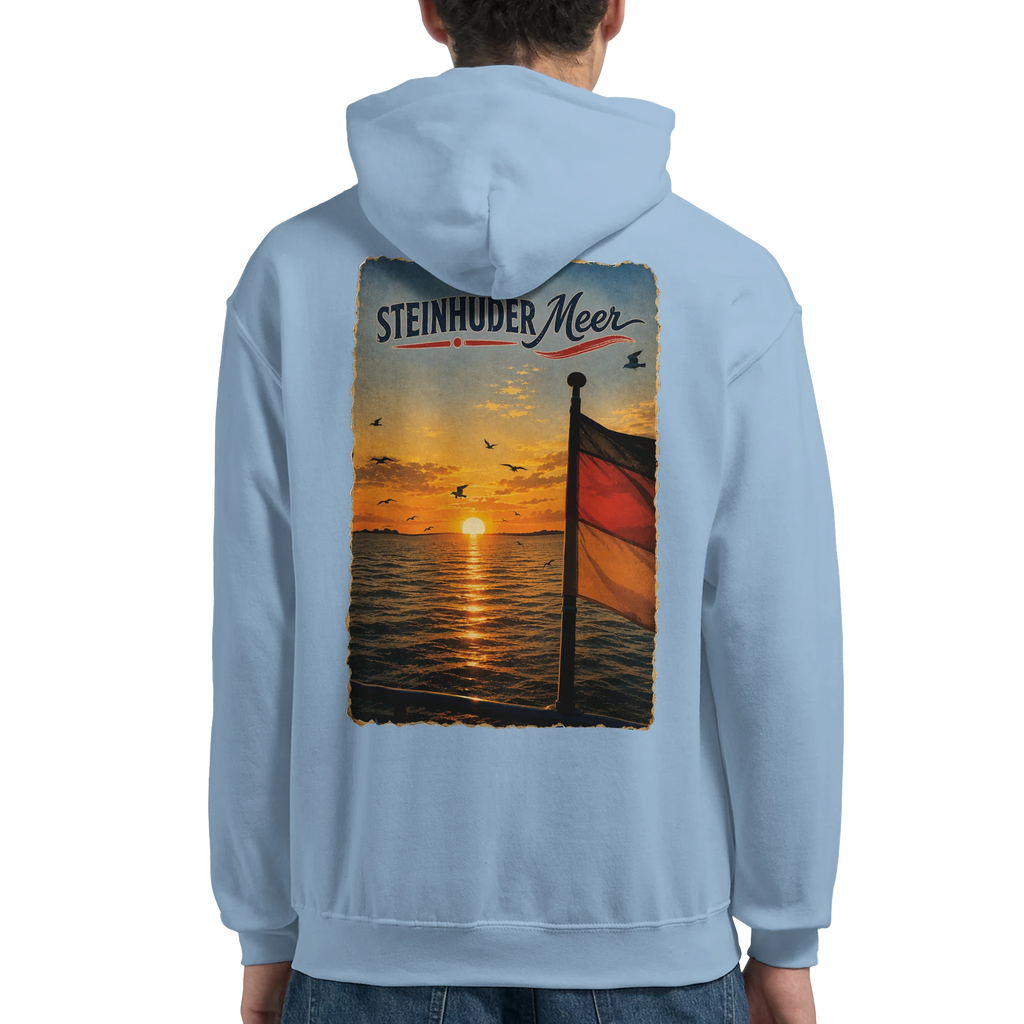 Hoodie in Aschgrau mit Motiv „Flagge und Sunset“