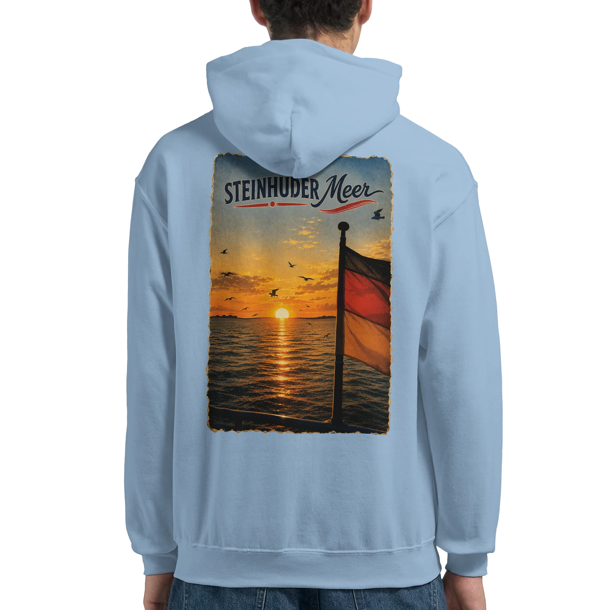 Hoodie in Aschgrau mit Motiv „Flagge und Sunset“