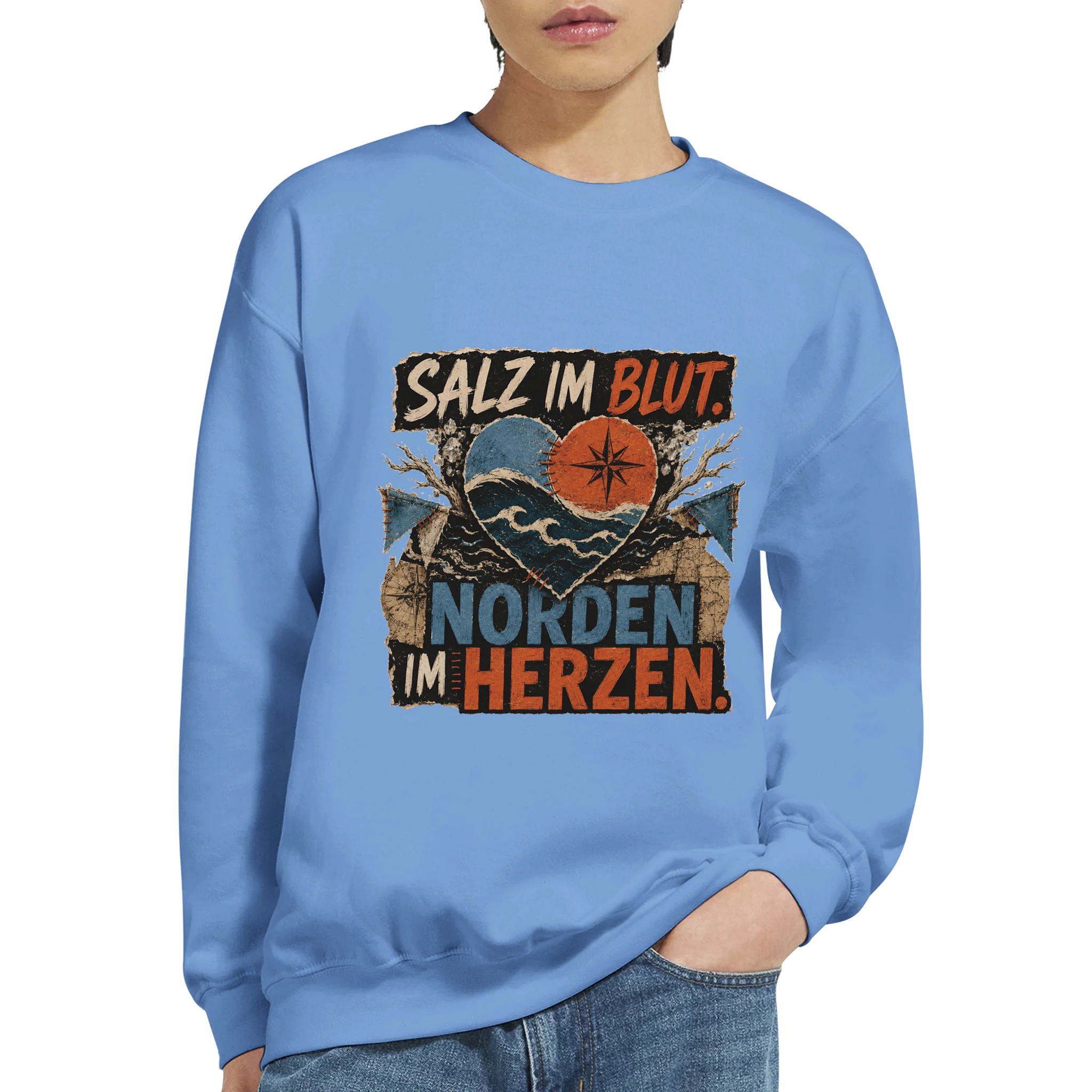 Pullover in Hellrosa mit Motiv „Salz im Blut. Norden im Herzen.“