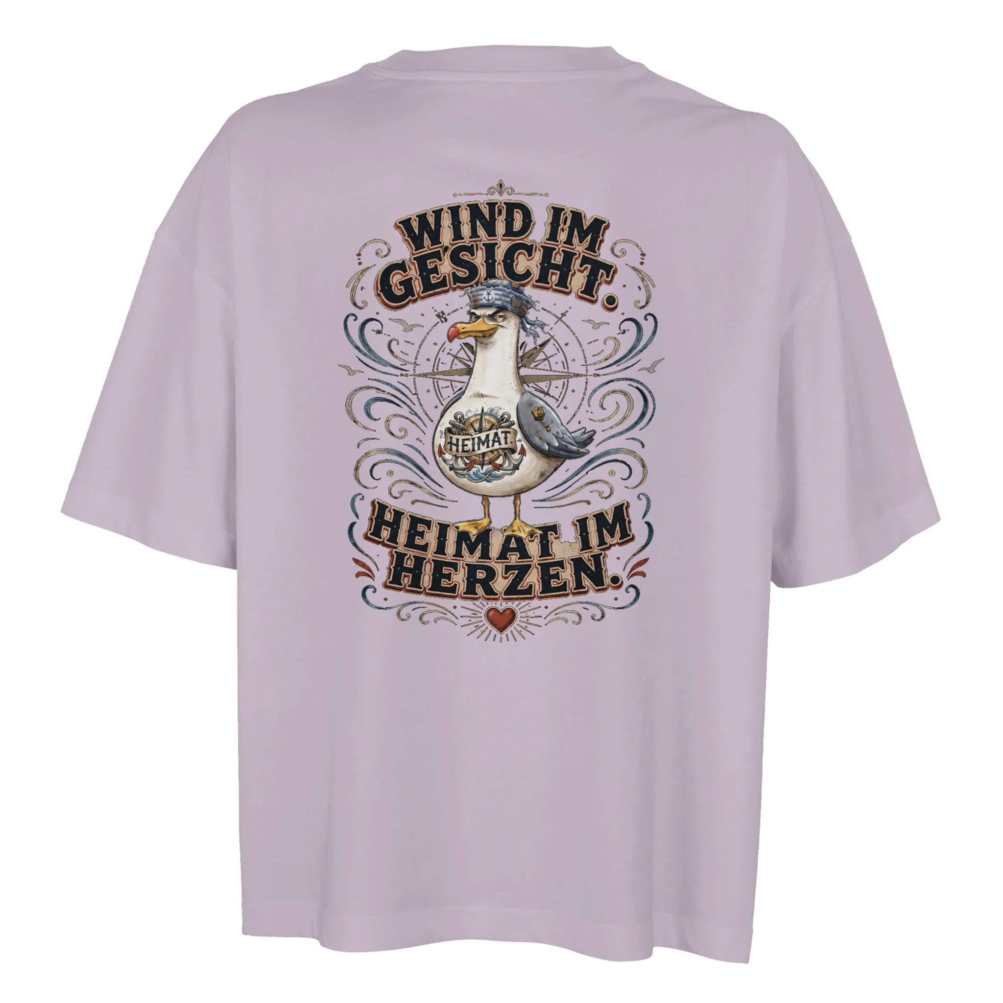 Damen-T-Shirt in Weiß mit Motiv „Wind im Gesicht. Heimat im Herzen. Möwe“