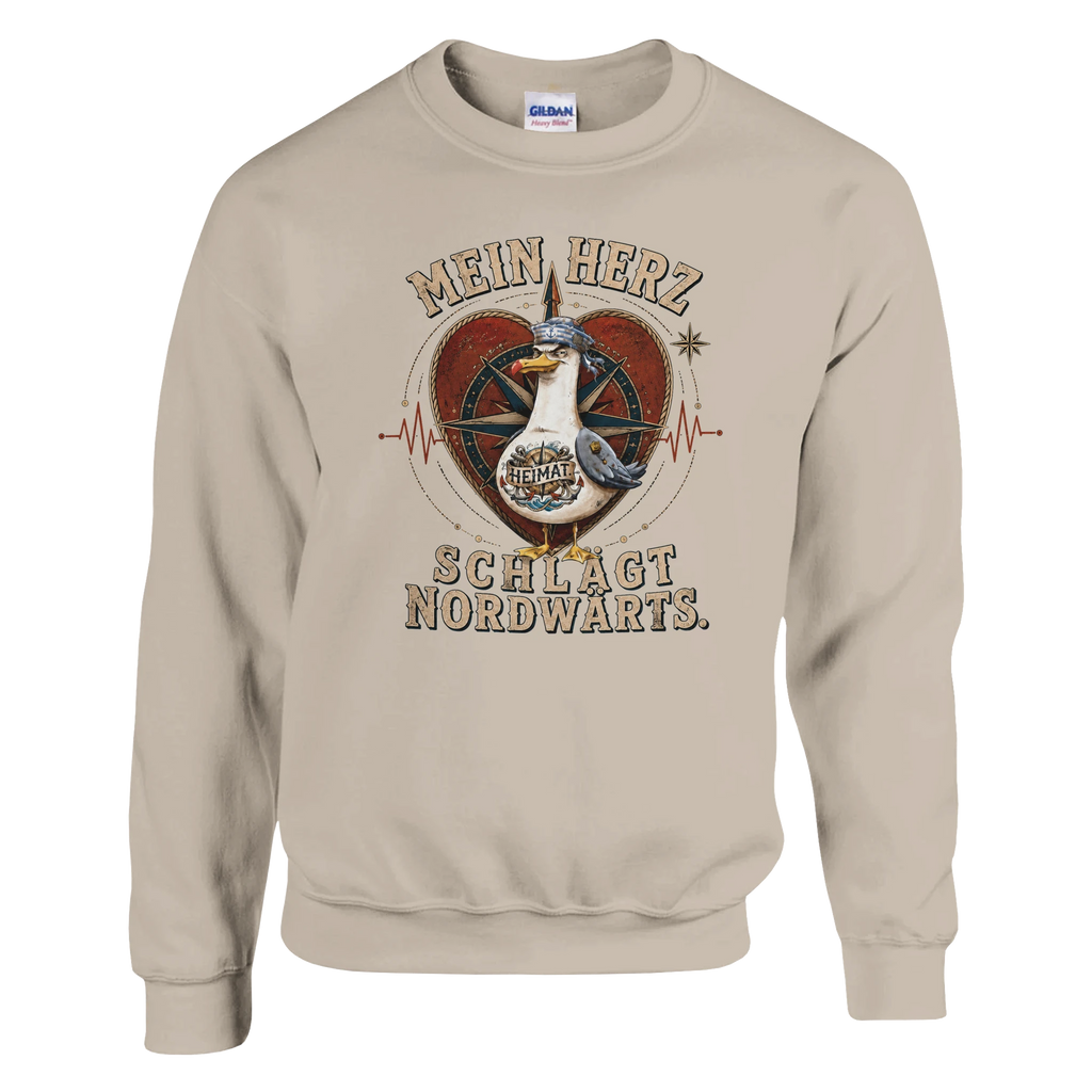 Pullover in Weiß mit Motiv „Mein Herz schlägt NORDWÄRTS. Möwe“