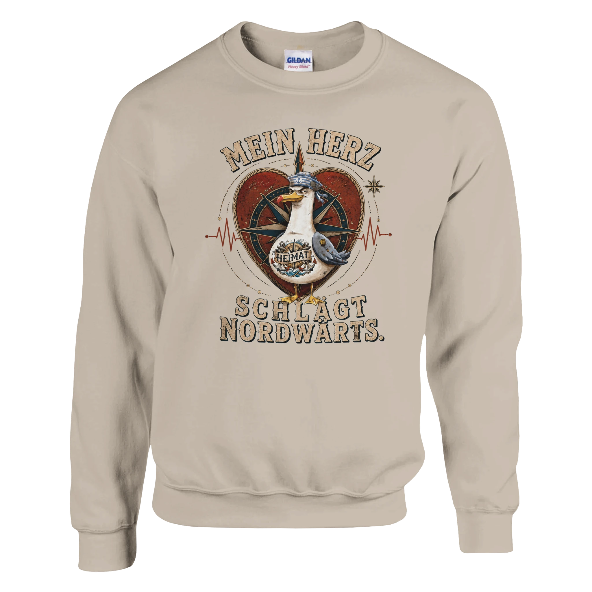Pullover in Weiß mit Motiv „Mein Herz schlägt NORDWÄRTS. Möwe“