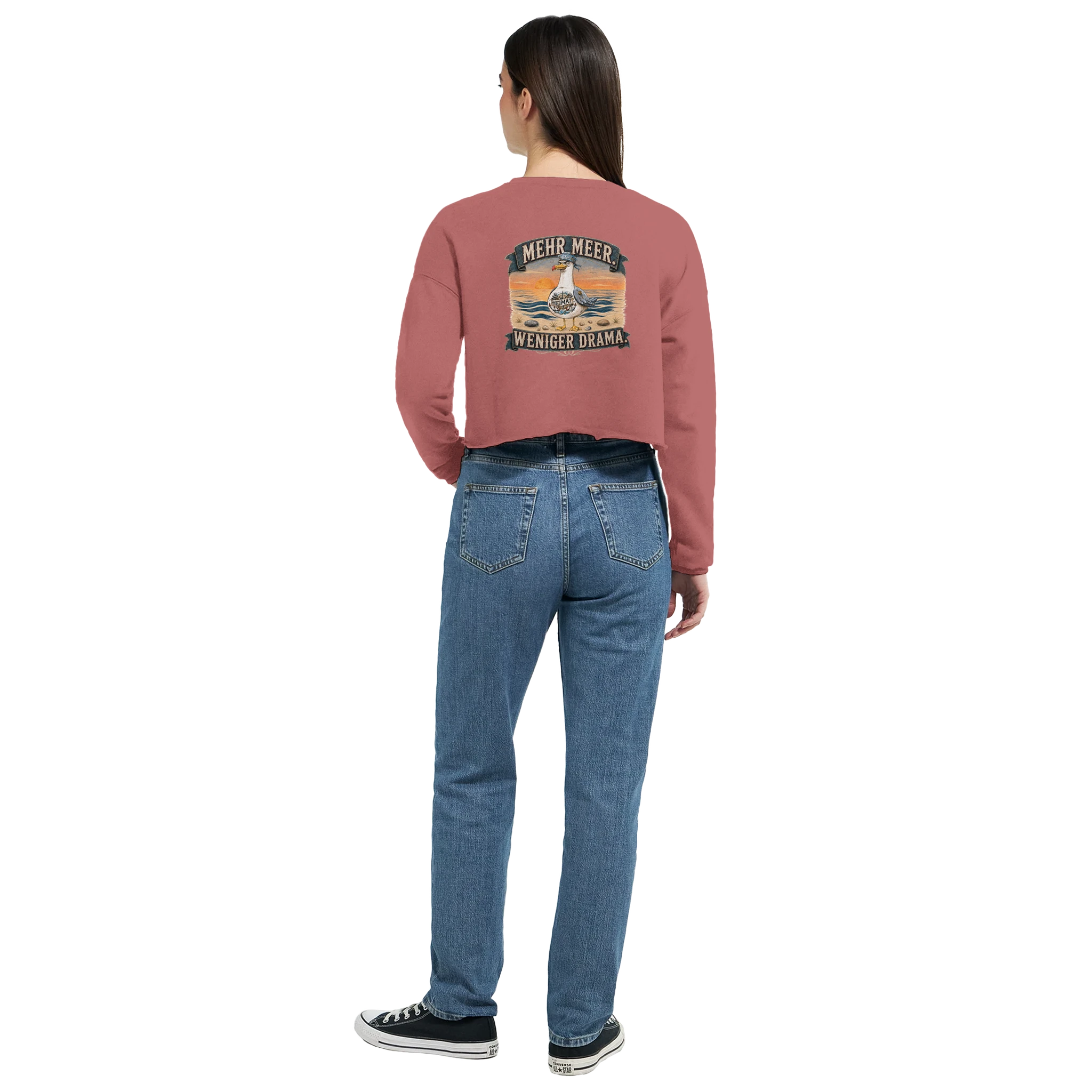 Damen-Pullover in Mauve mit Motiv „Mehr Meer. Weniger Drama.“