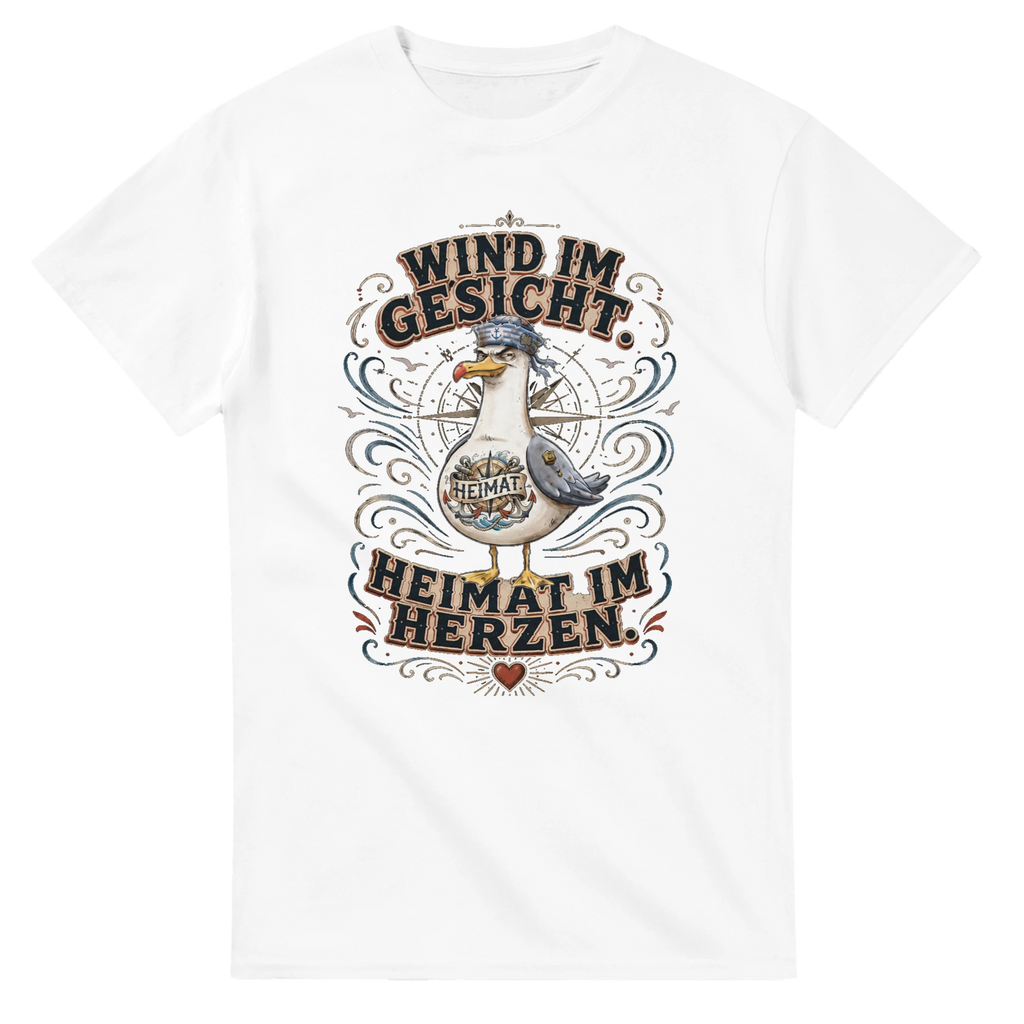 T-Shirt in Weiß mit Motiv „Wind im Gesicht. Heimat im Herzen. Möwe“