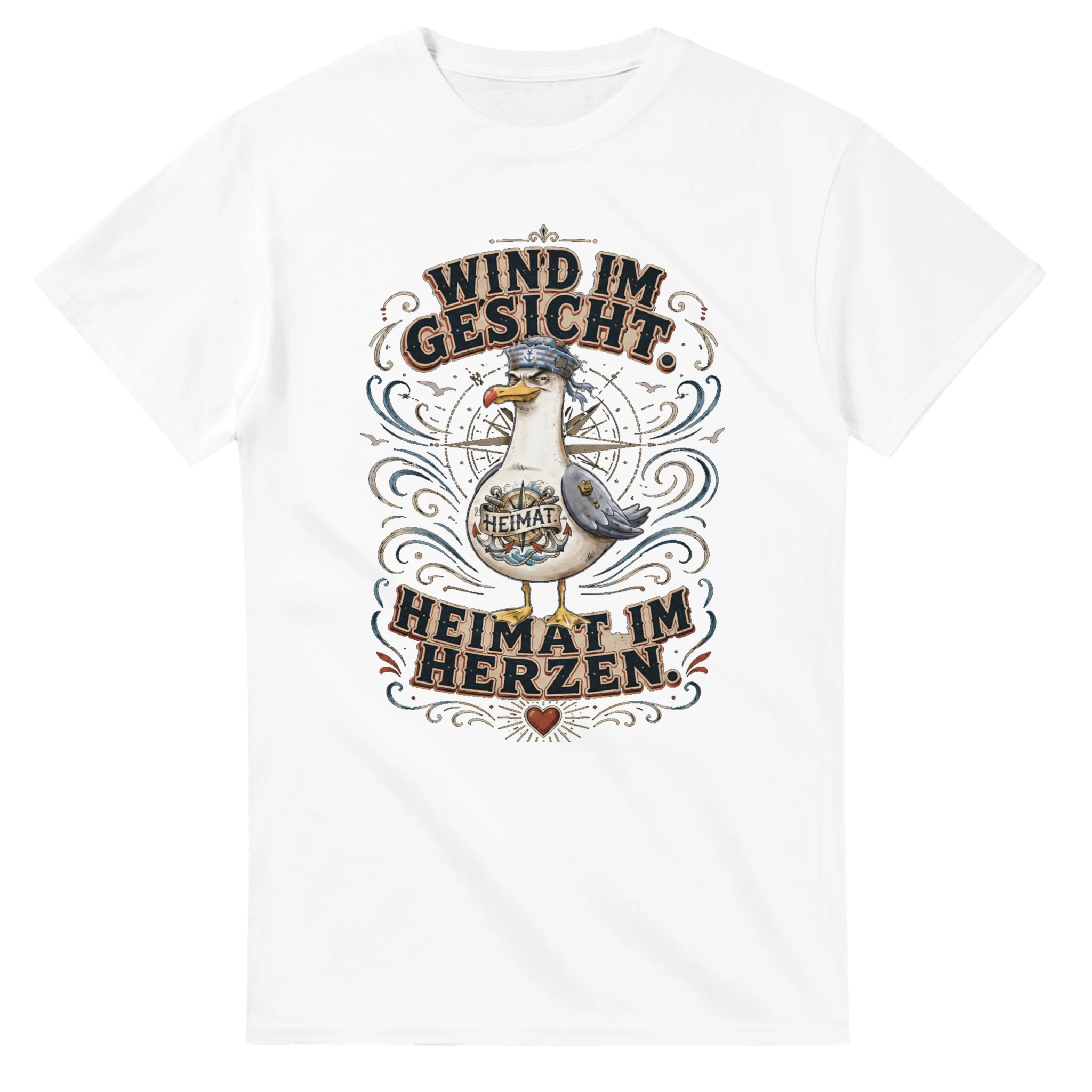 T-Shirt in Weiß mit Motiv „Wind im Gesicht. Heimat im Herzen. Möwe“